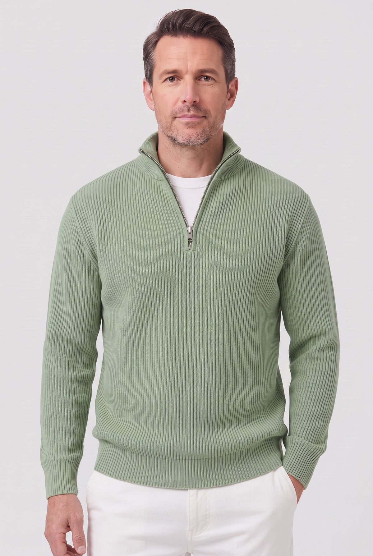 Men's Knitted Jumper | Ribbed Quarter-Zip - Mint