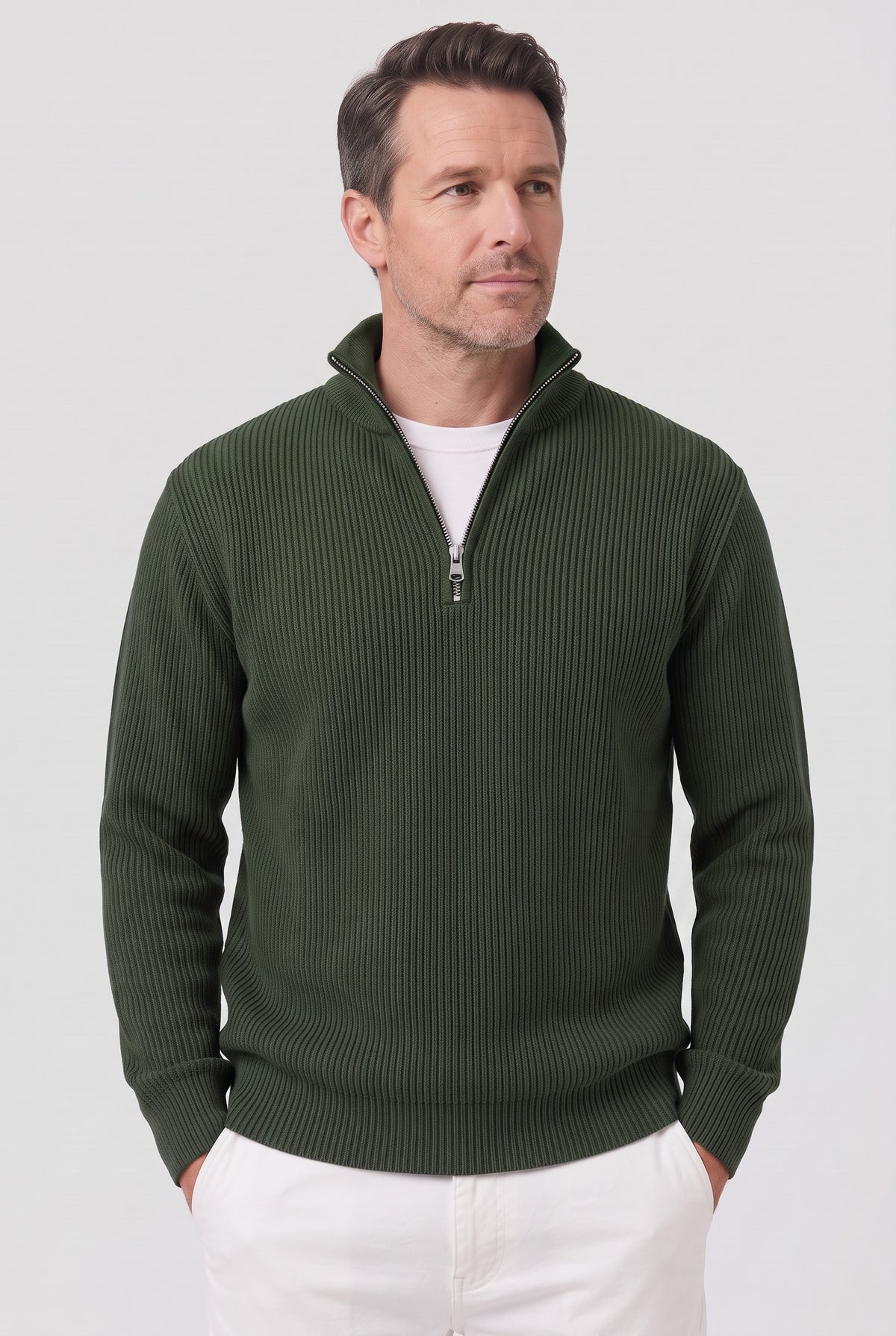 Men's Knitted Jumper | Ribbed Quarter-Zip - Olive Green