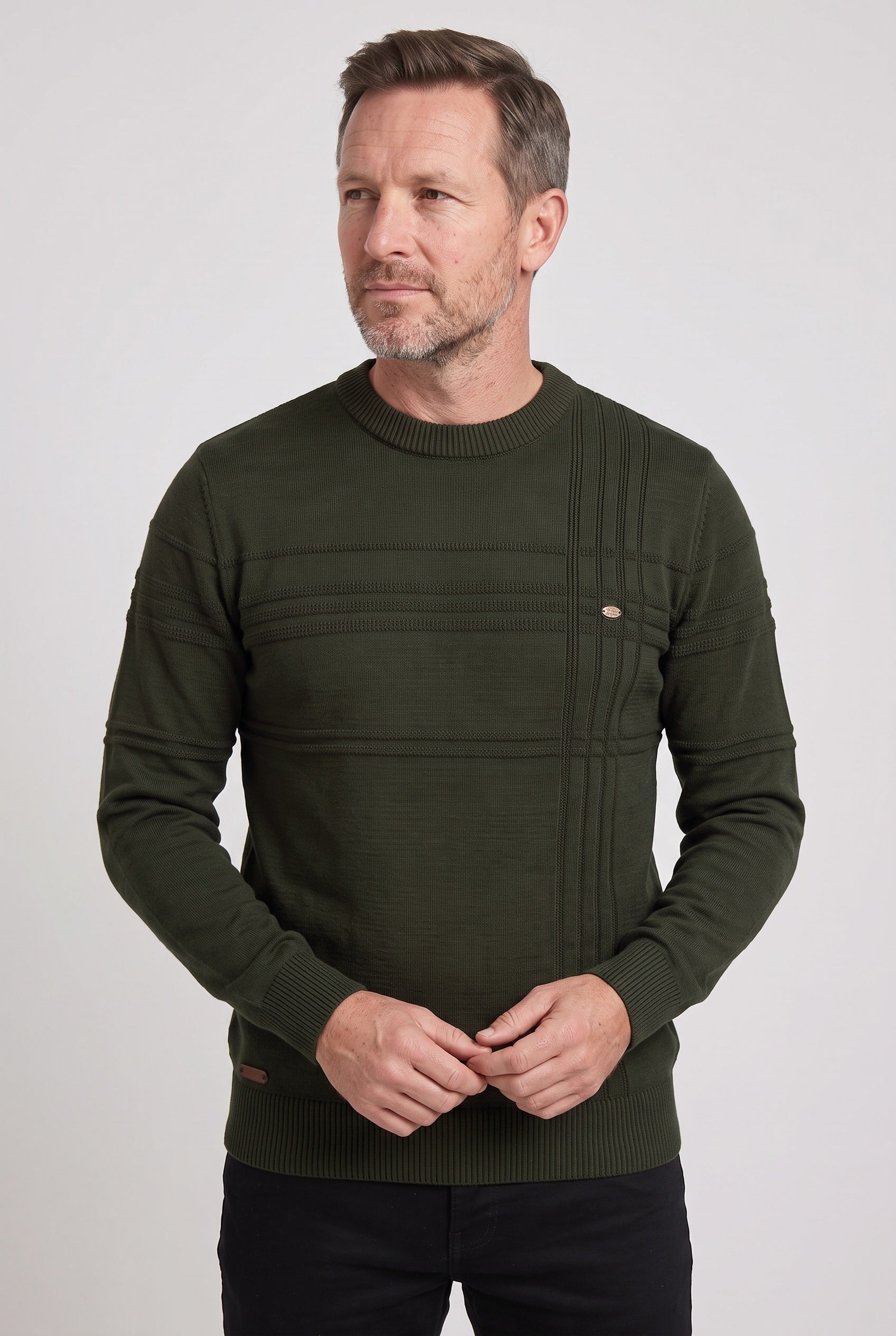 Men's Knitted Jumper | Striped Crew Neck - Olive Green