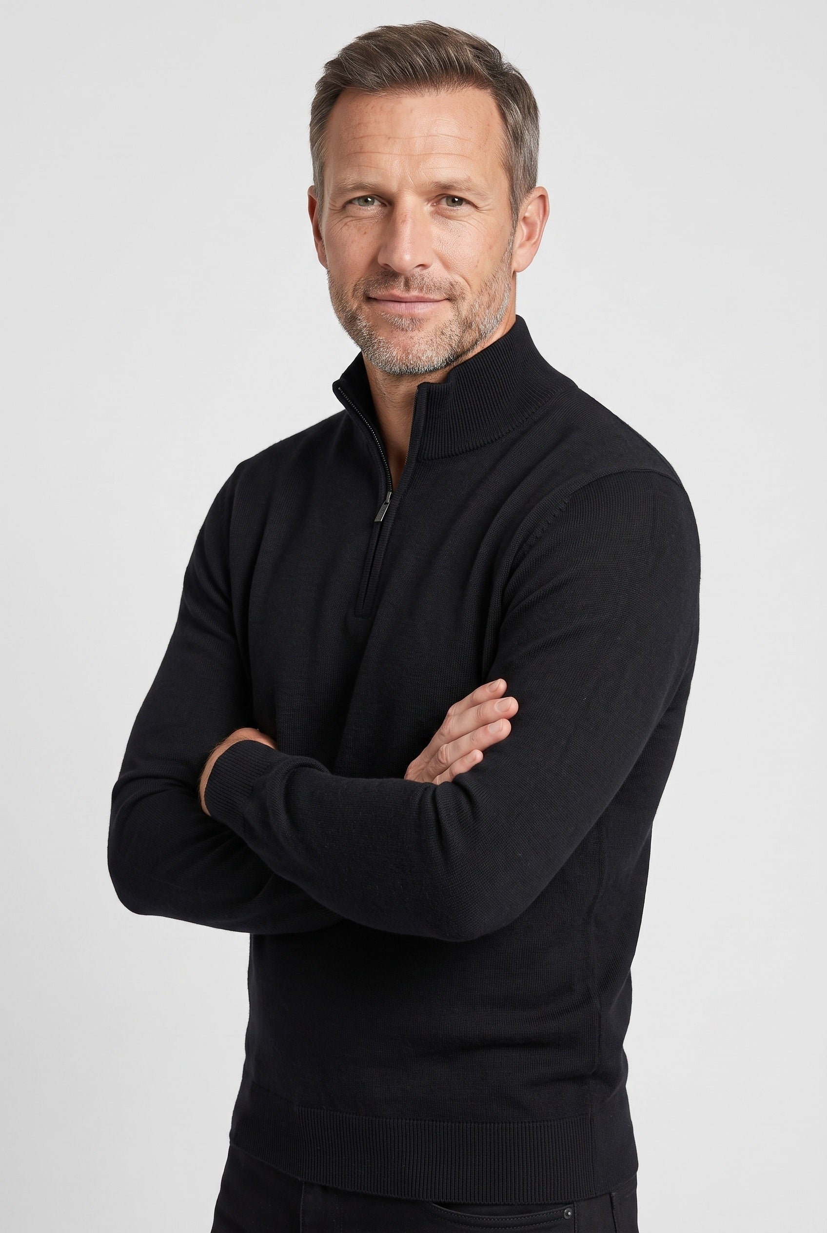 Men's Knitted Jumper | Zip Funnel Neck - Black