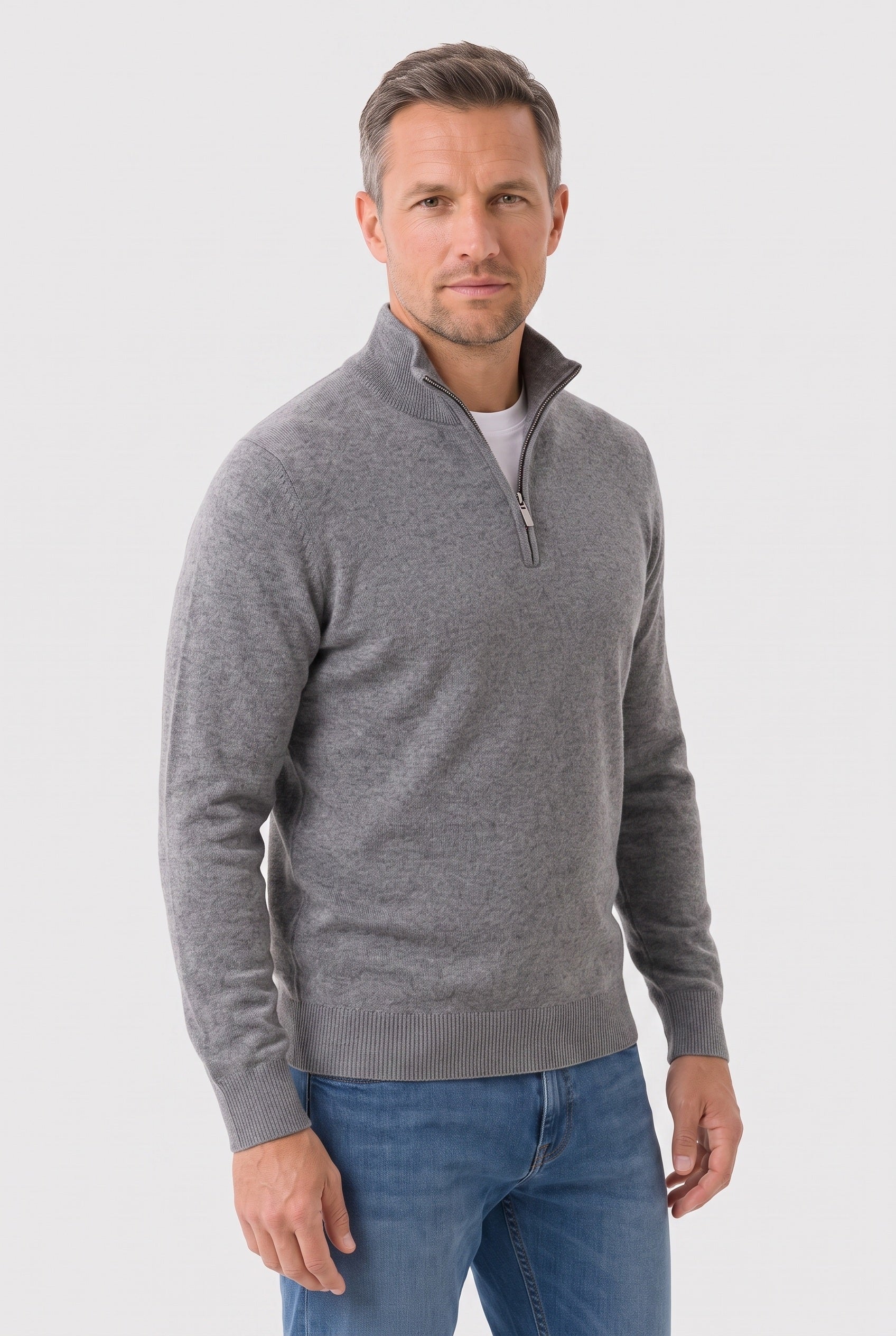 Men's Knitted Jumper | Zip Funnel Neck - Grey