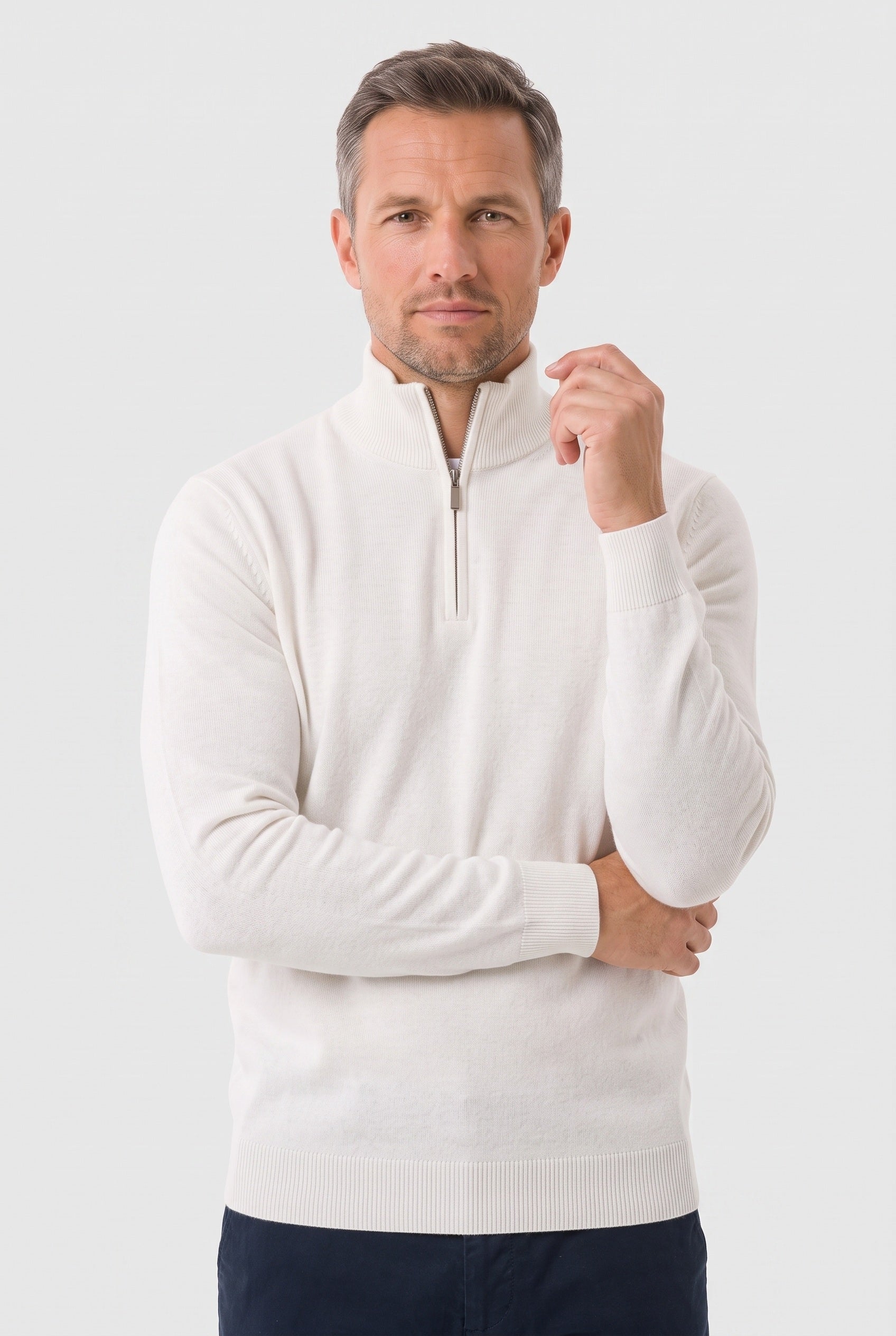 Men's Knitted Jumper | Zip Funnel Neck - White