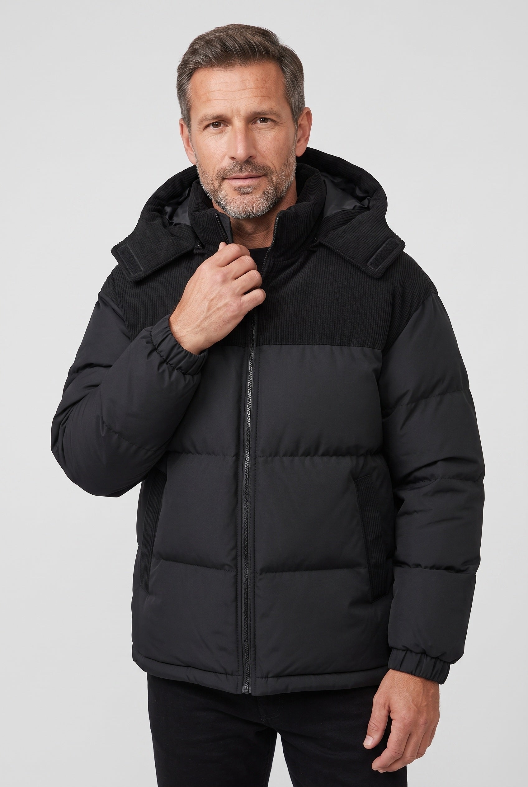 Men's Puffer Jacket | Hooded Colour-Block - Black