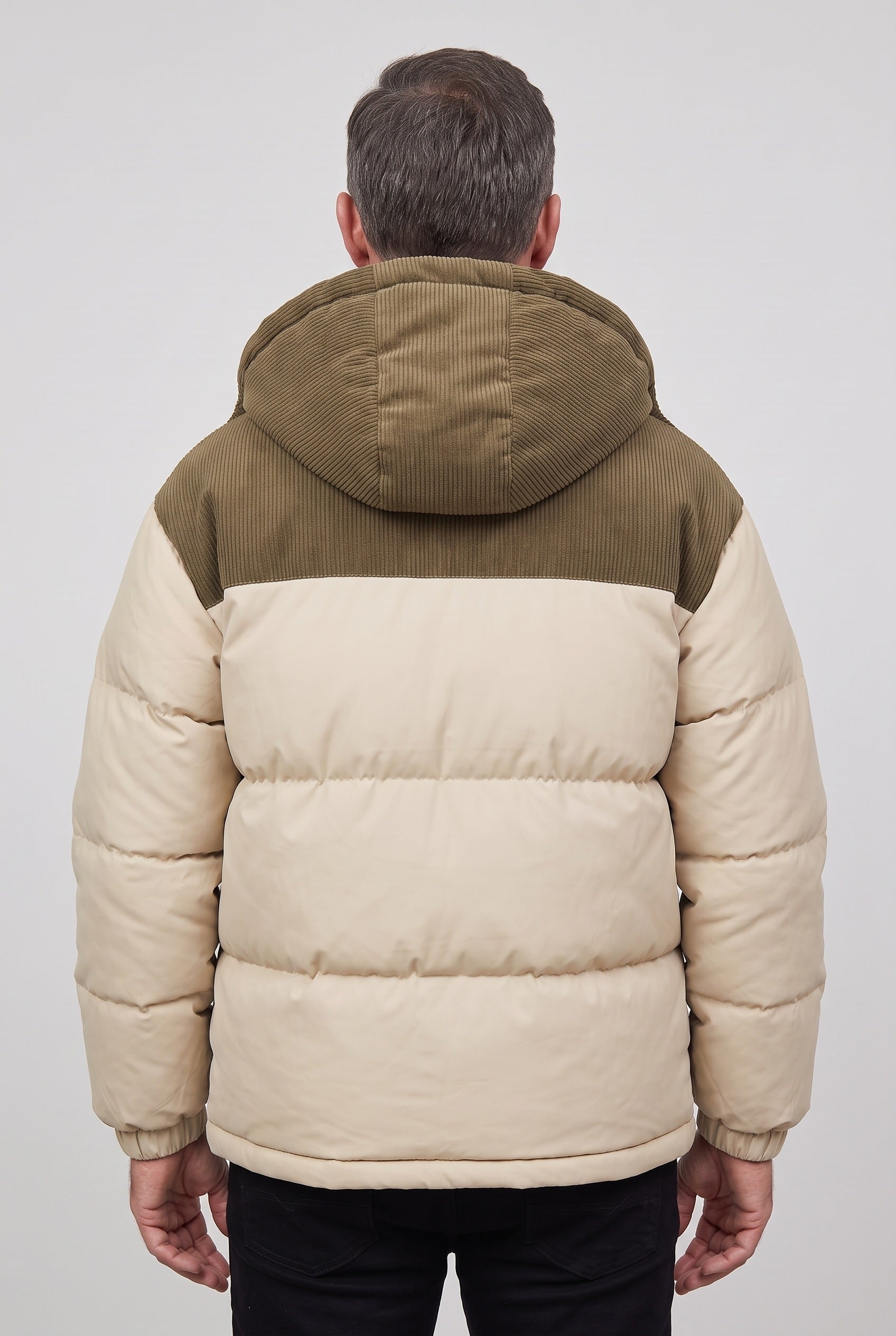 Men's Puffer Jacket | Hooded Colour-Block - Khaki back