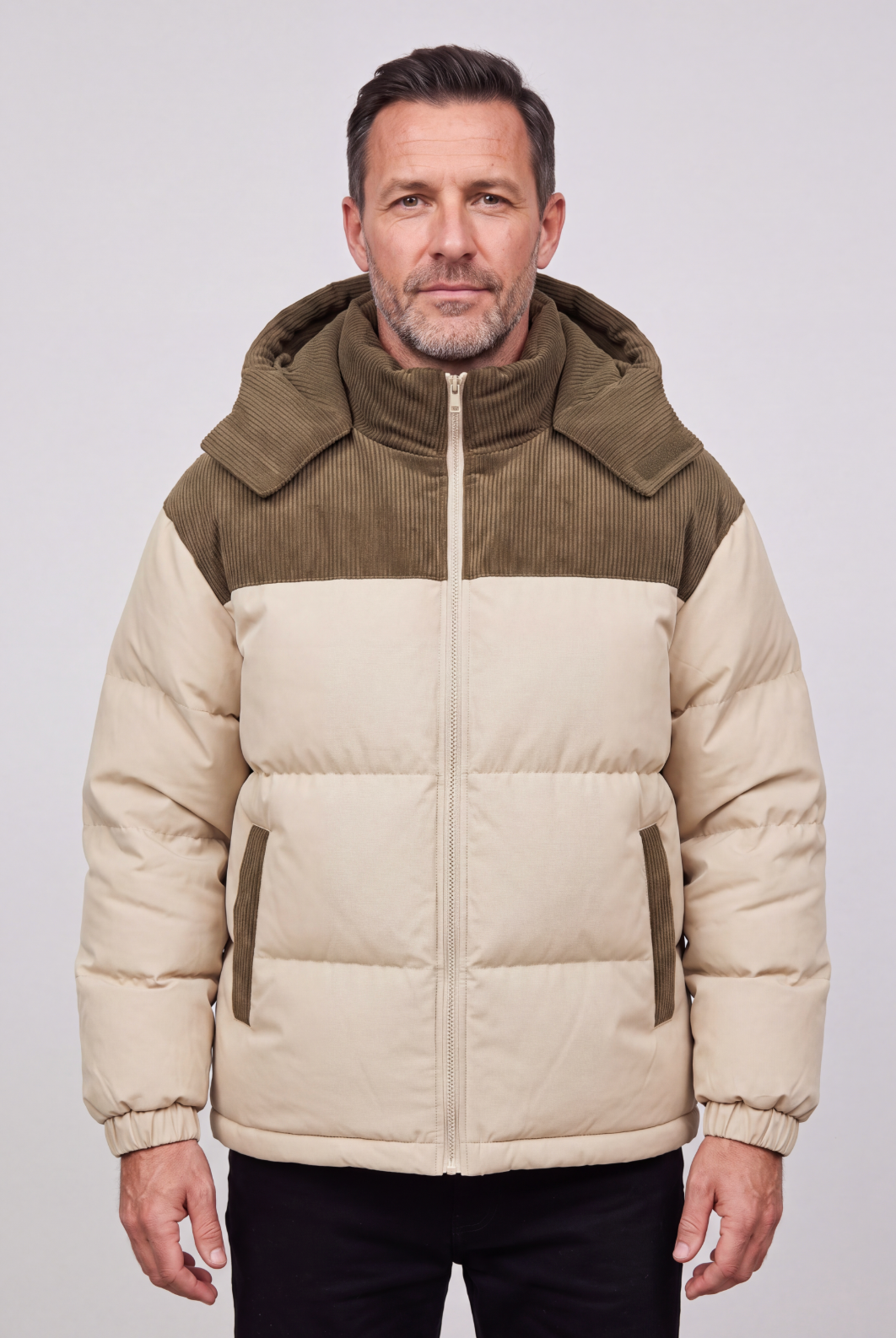 Men's Puffer Jacket | Hooded Colour-Block - Khaki