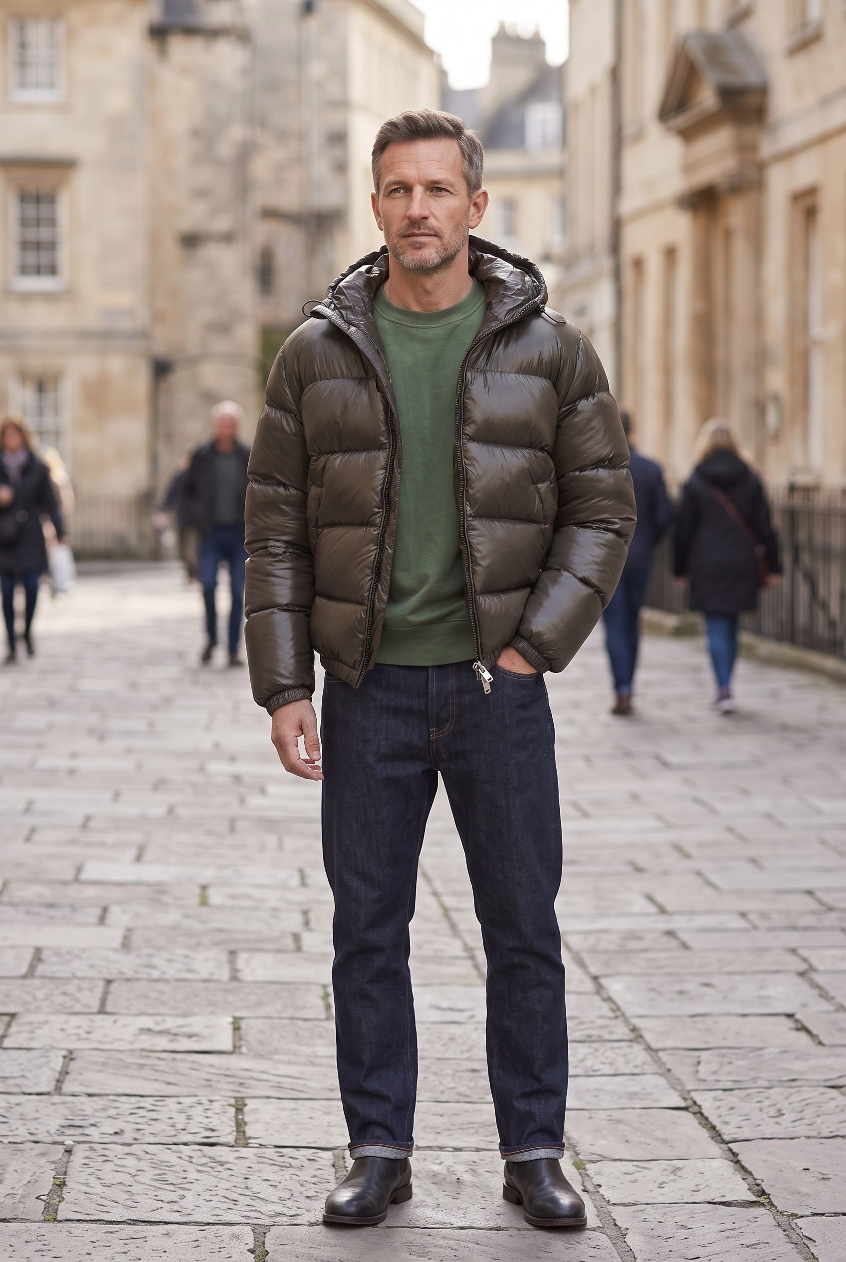 Men's Puffer Jacket | Hooded Zip-Front - Army Green lifestyle