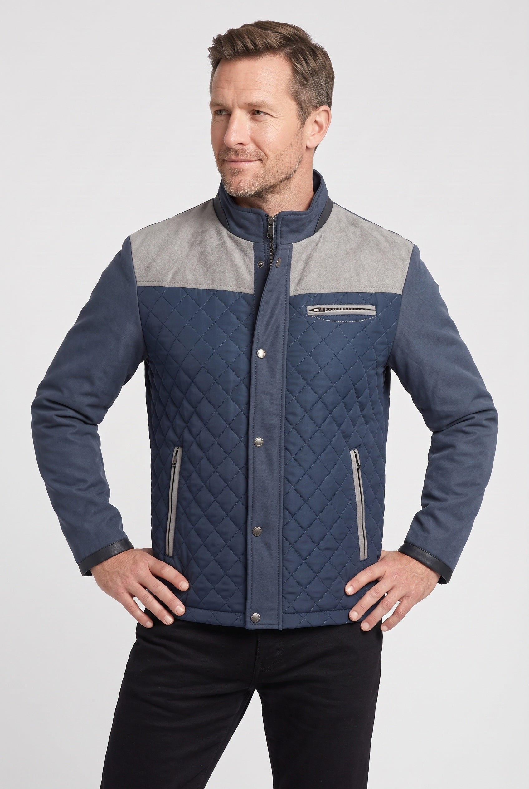 Men's Quilted Jacket | Stand Collar Shoulder Patch - 5