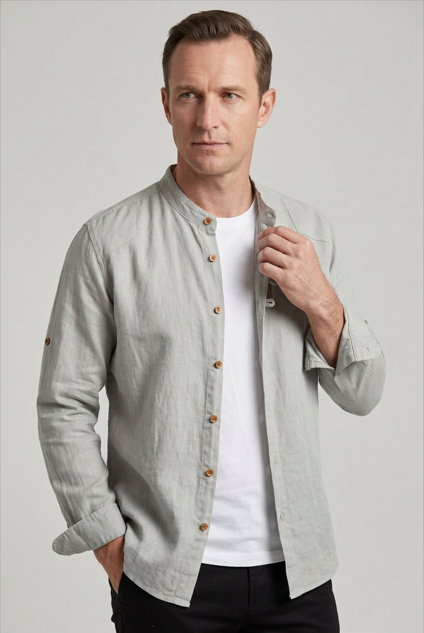 Men’s Shirt | Band Collar with Button Front - 7