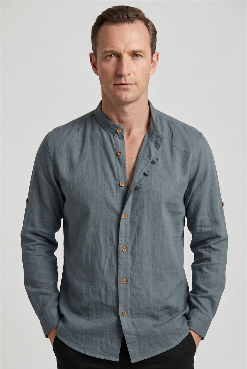 Men’s Shirt | Band Collar with Button Front - 8