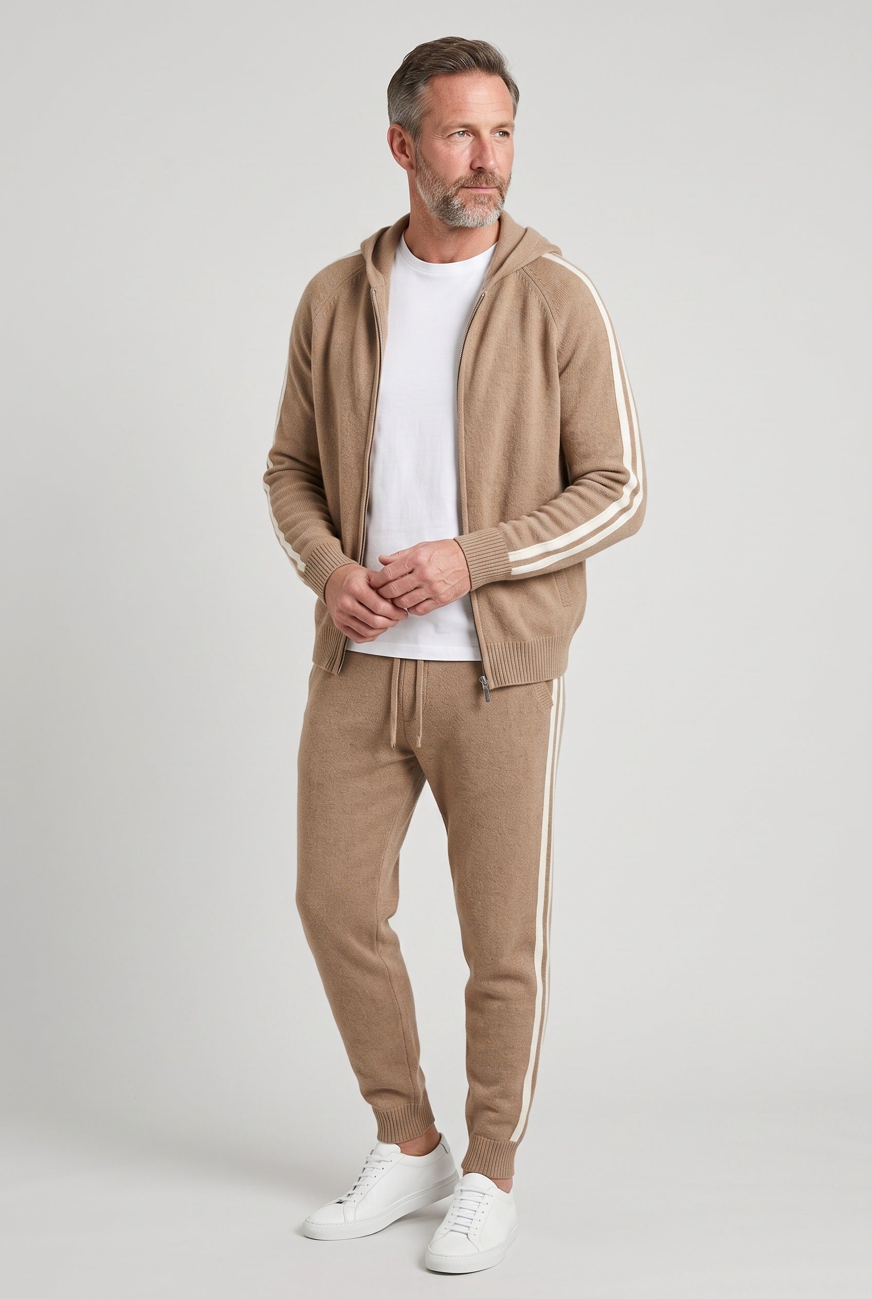 Men's Tracksuit | Knitted Side Stripe Set - Camel