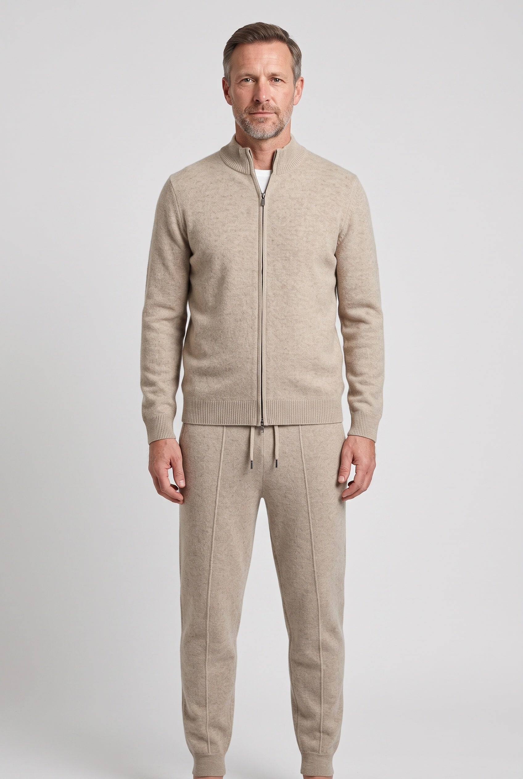 Men's Tracksuit | Knitted Zip Through Set - Beige