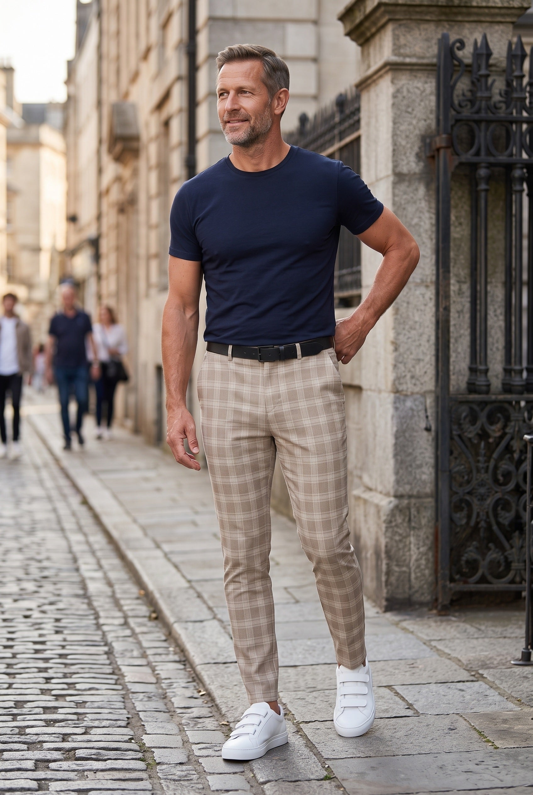 Men's Trousers | Checked Slim Fit Chino - Beige lifestyle