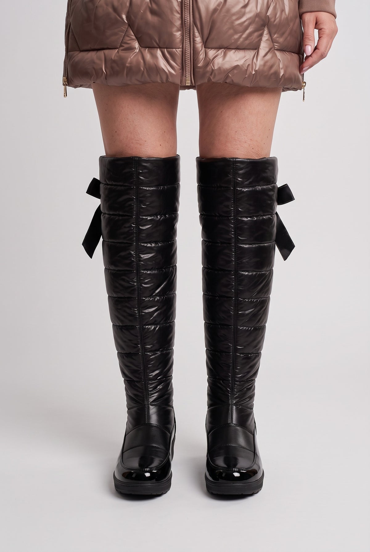 Women’s Knee High Boots | Quilted Bow Back - Black worn