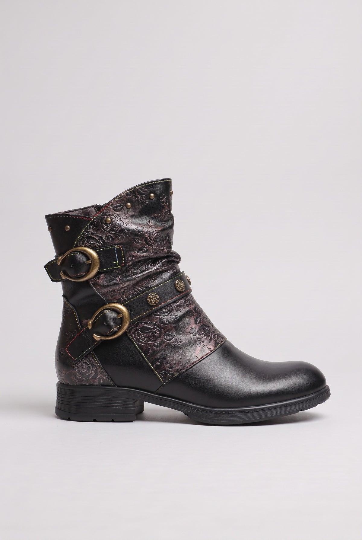 Women's Ankle Boots | Floral Buckle Strap - Black