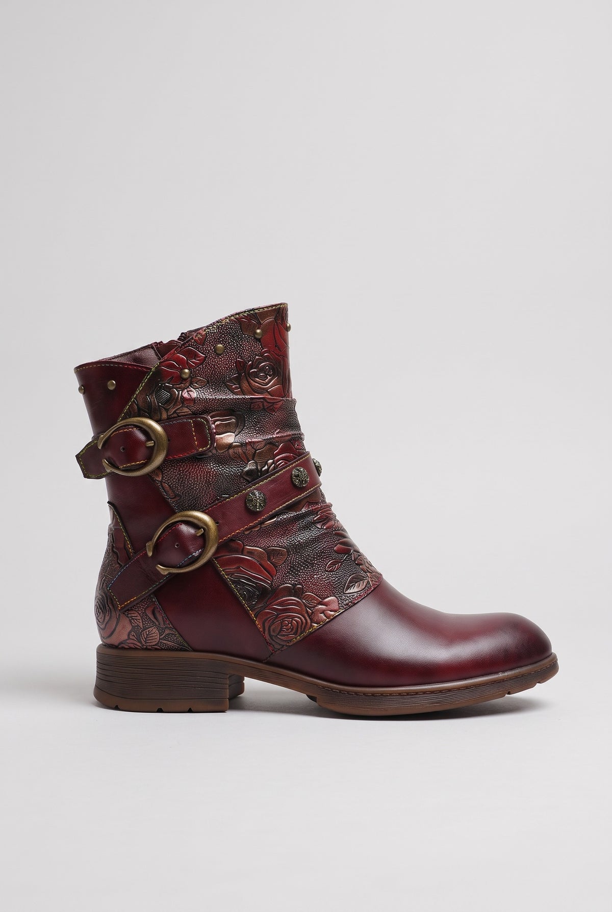 Women's Ankle Boots | Floral Buckle Strap - Dark Red
