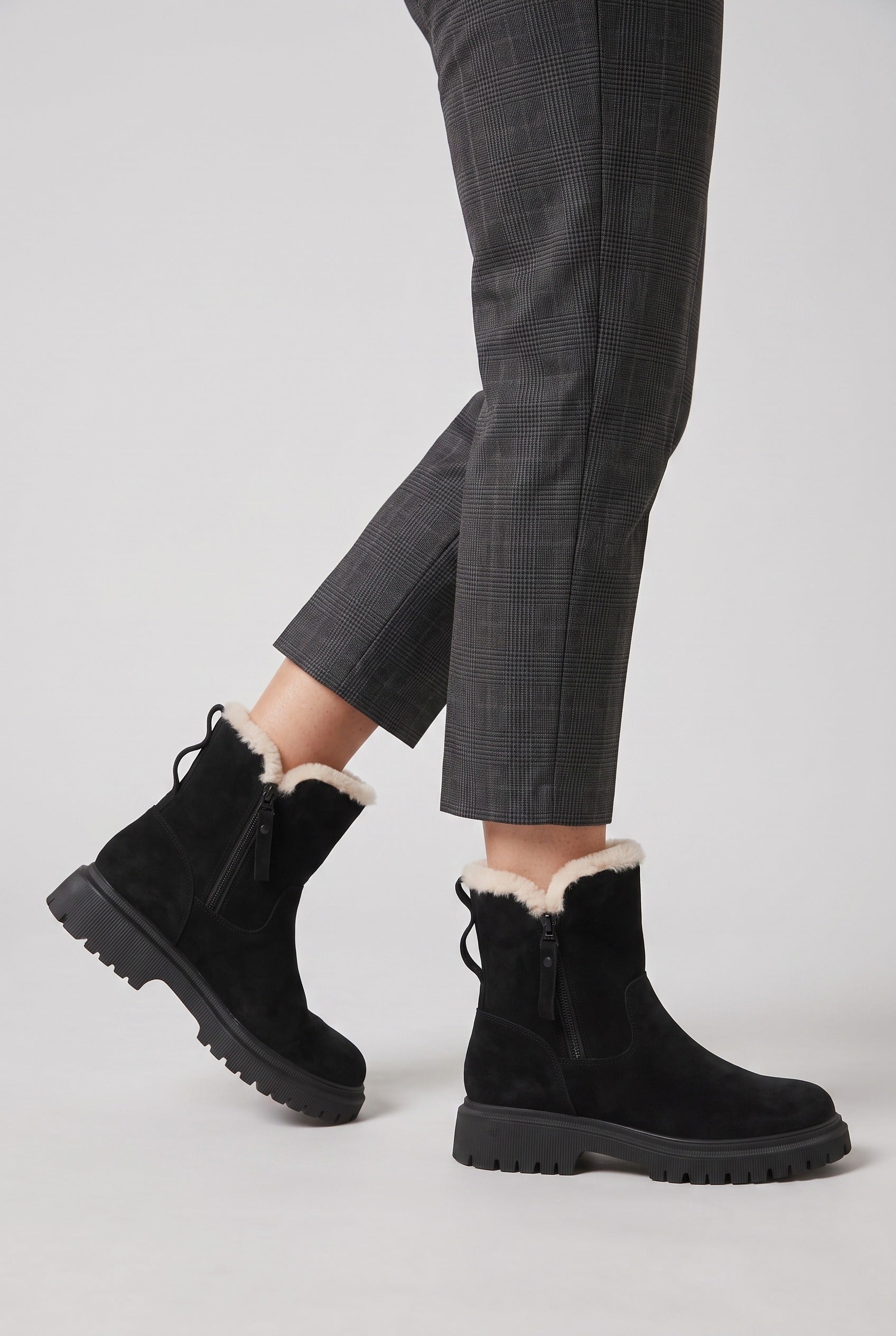 Women's Ankle Boots | Side Zip Chunky Sole - Black worn