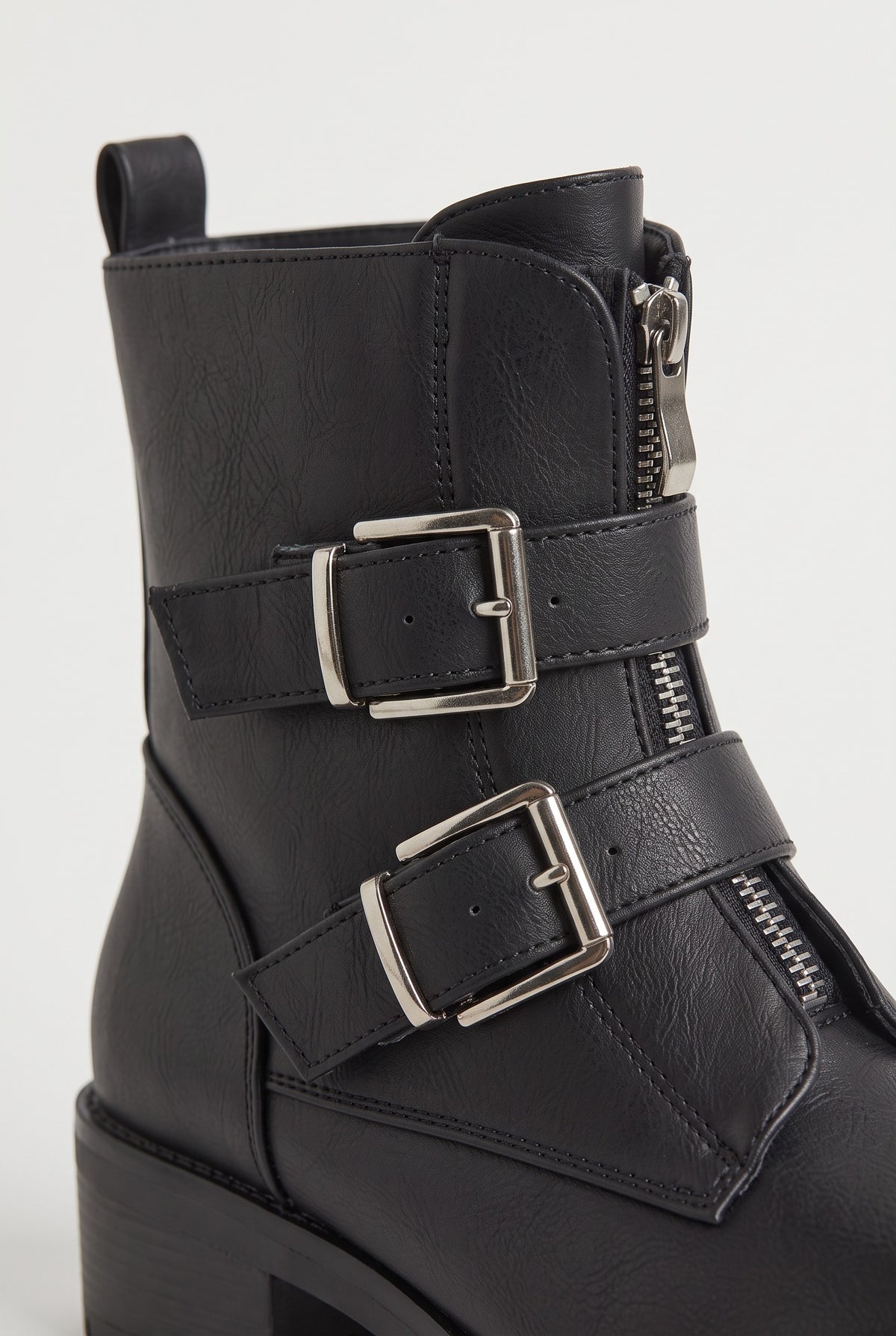 Women's Black Boots | Twin Buckle Ankle Zip detail