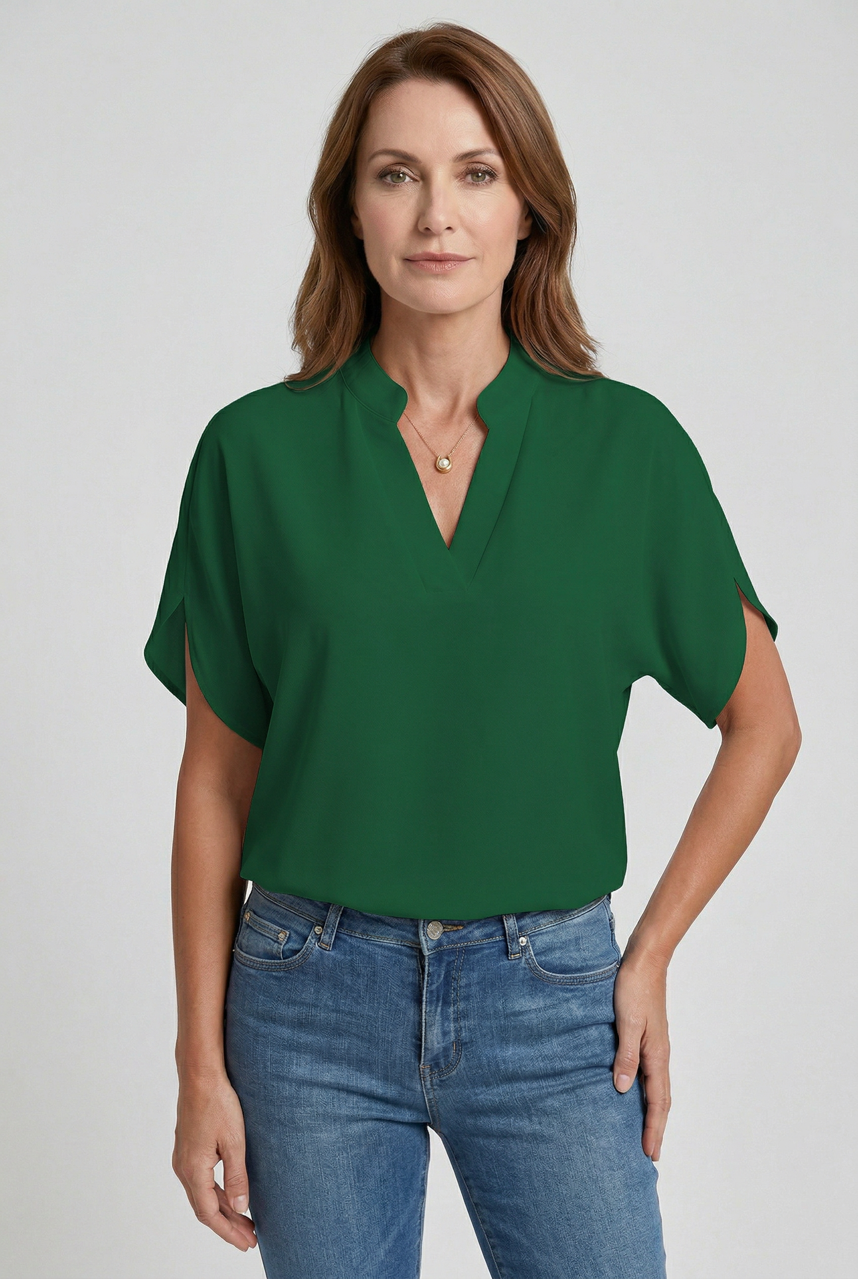 Women’s Blouse | V Neck Short Sleeve - Green 1.1