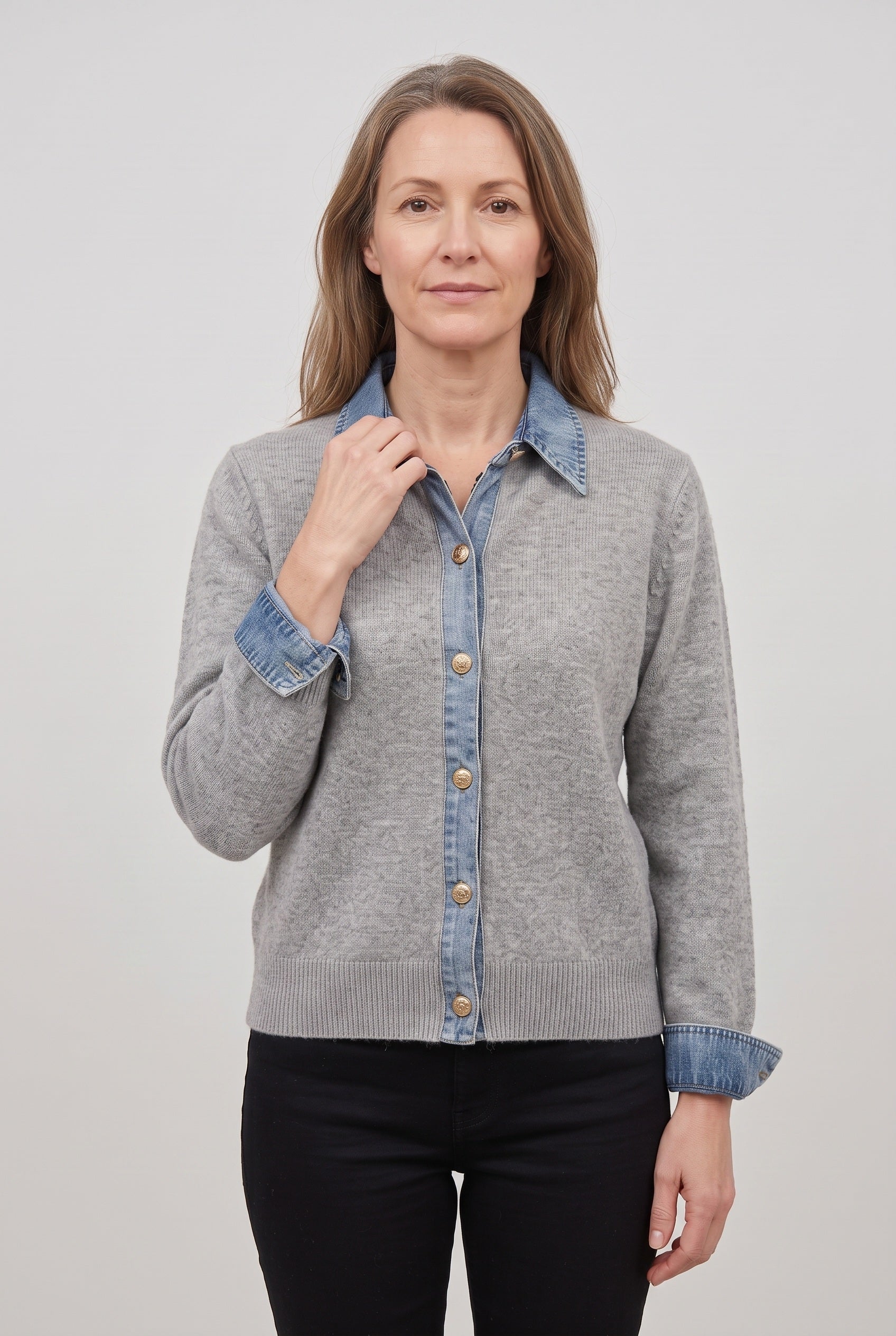 Women's Cardigan | Denim-Look Collar Button Front - Light Grey