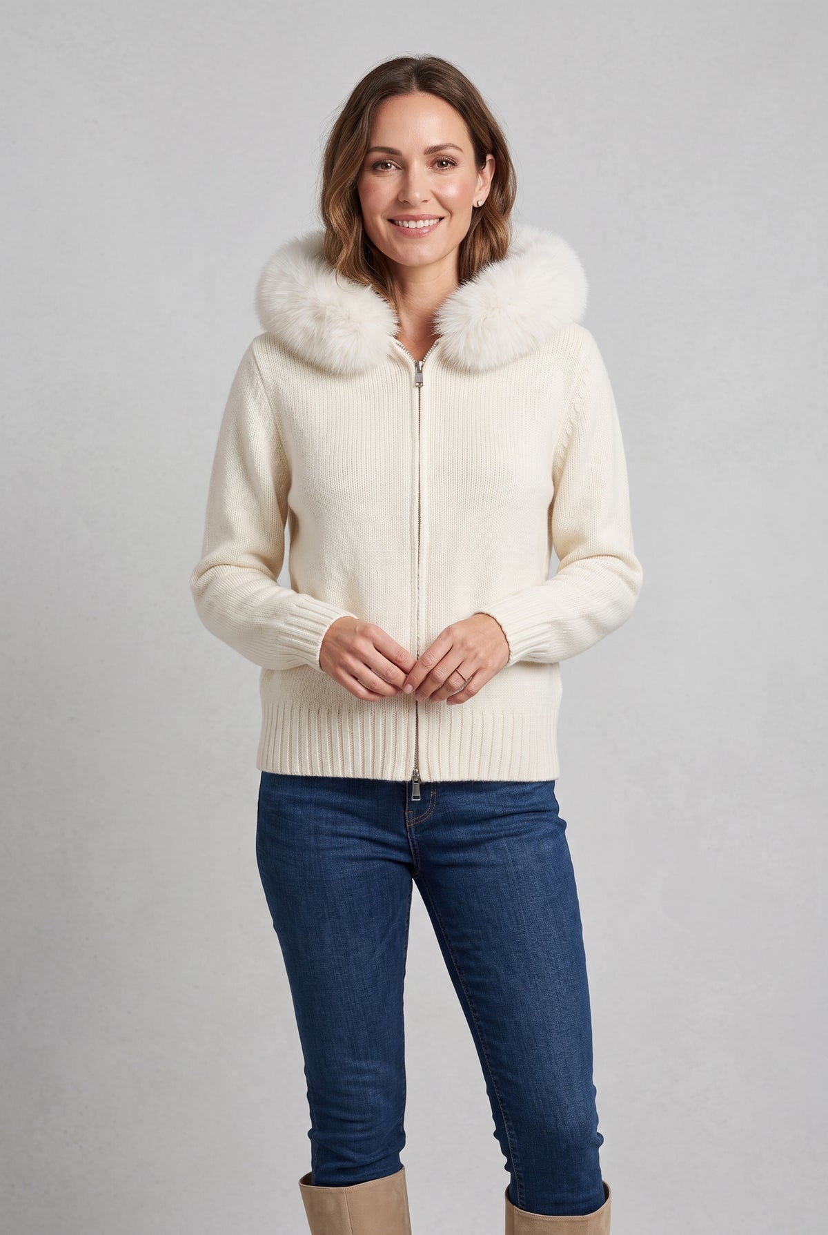 Women's Cardigan | Faux Fur Hood Zip - 1
