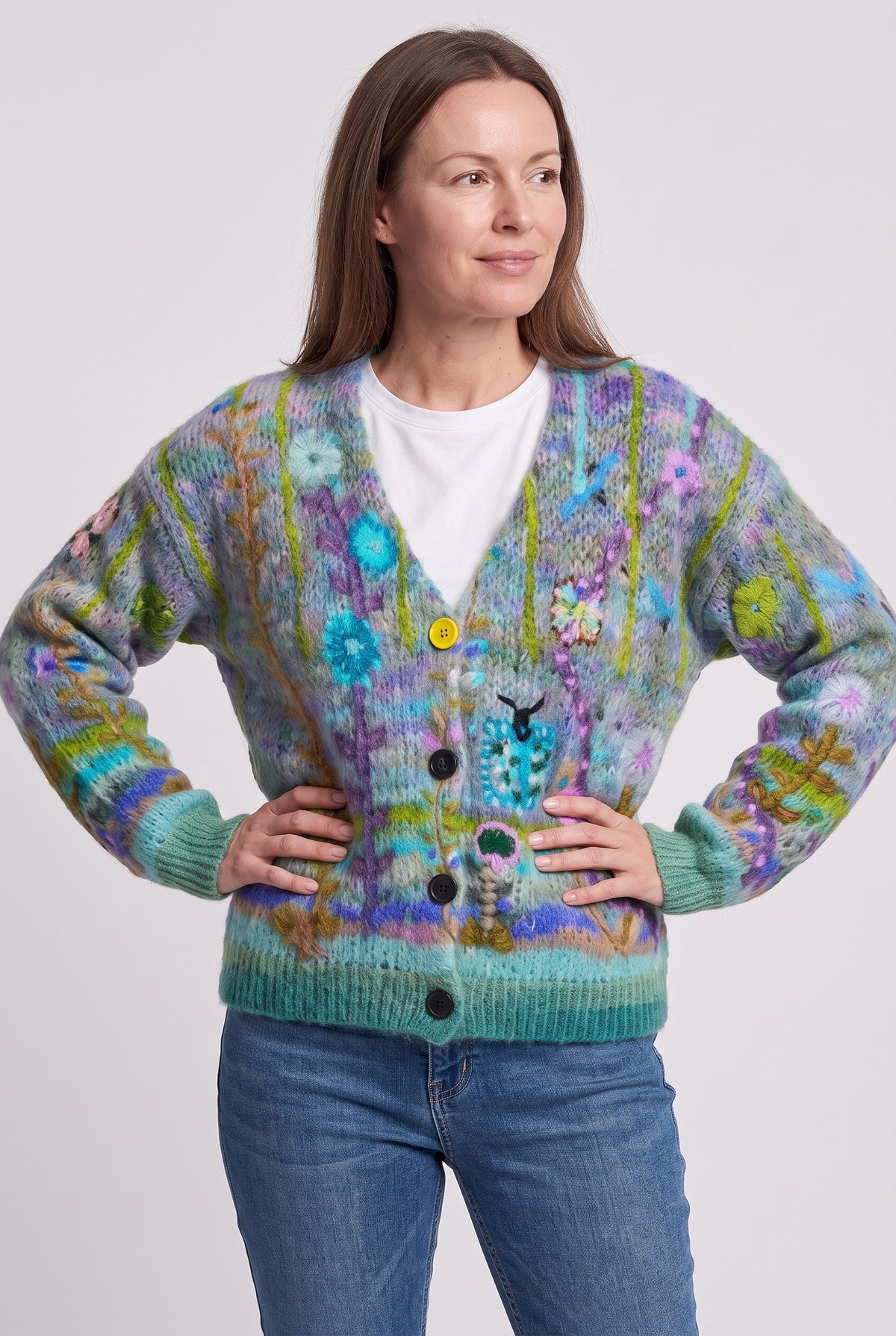 Women's Cardigan | Floral Knit Button-Front - Green