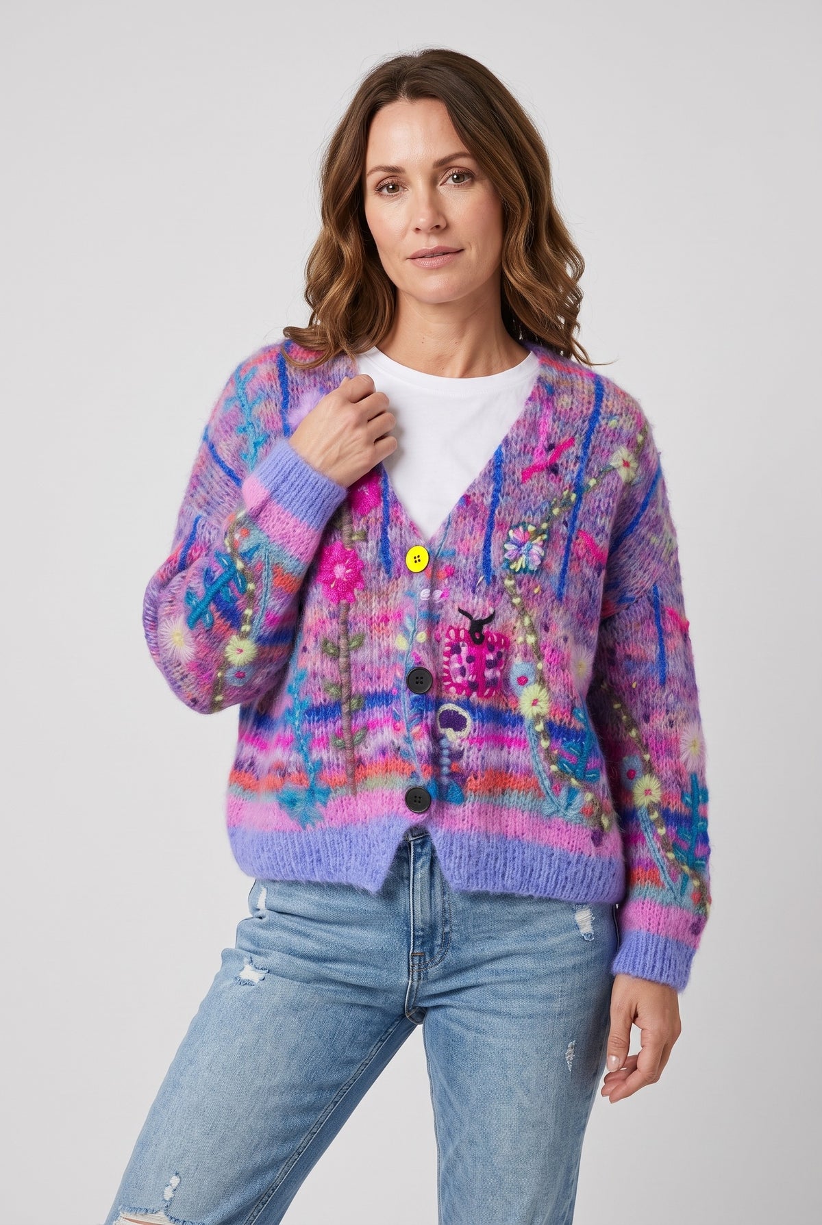 Women's Cardigan | Floral Knit Button-Front - Purple