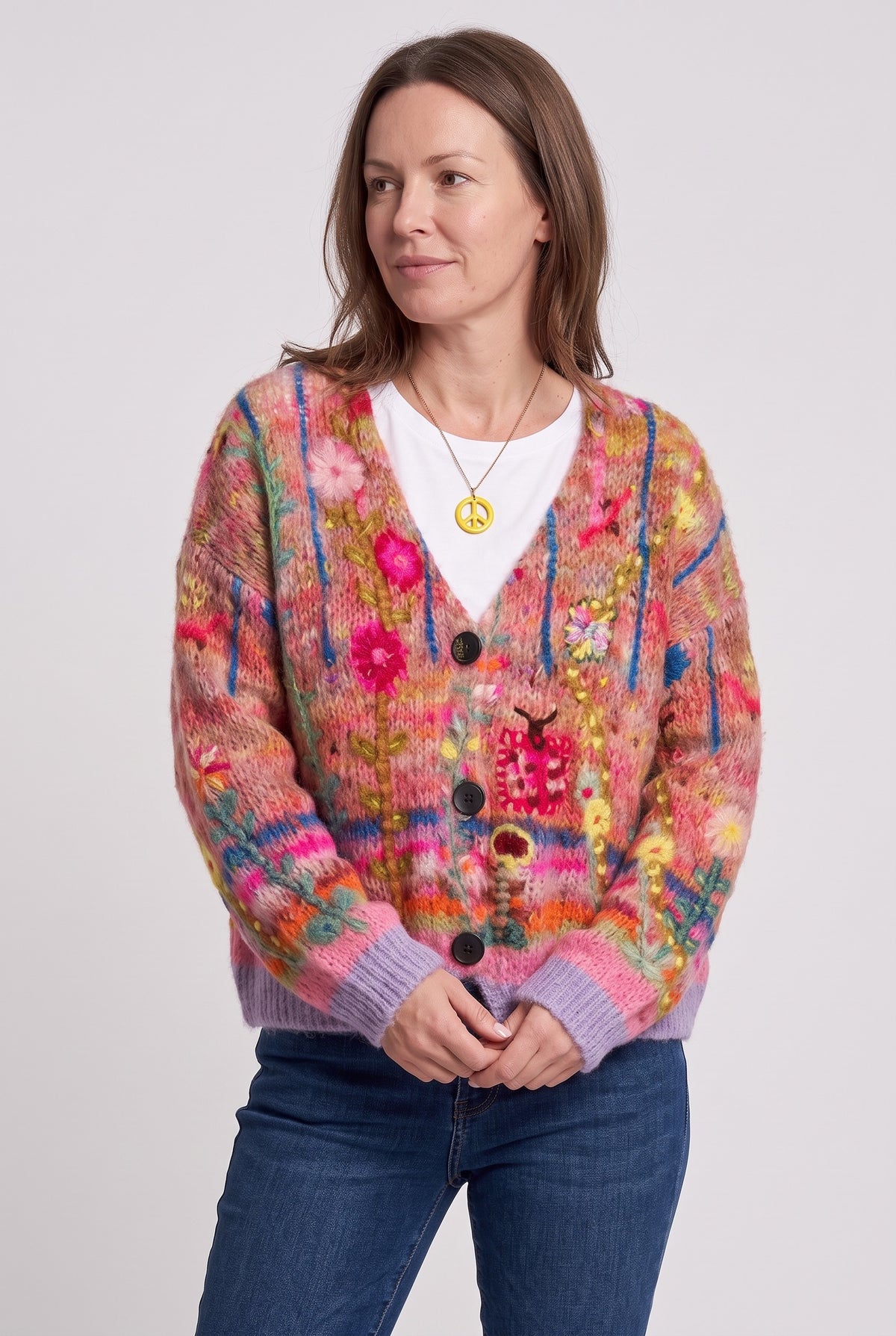 Women's Cardigan | Floral Knit Button-Front - Red