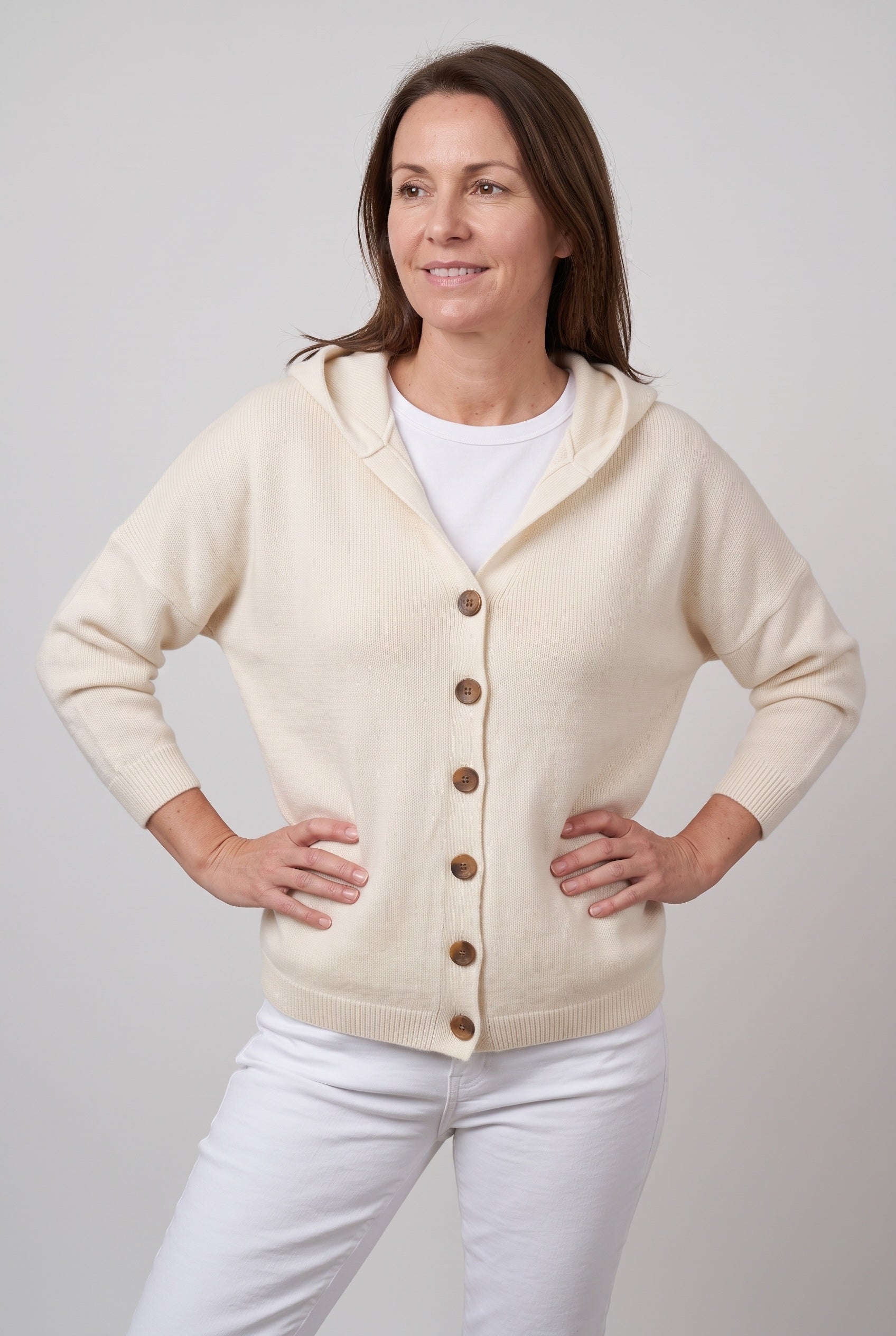 Women's Cardigan | Hooded Button Front - Beige