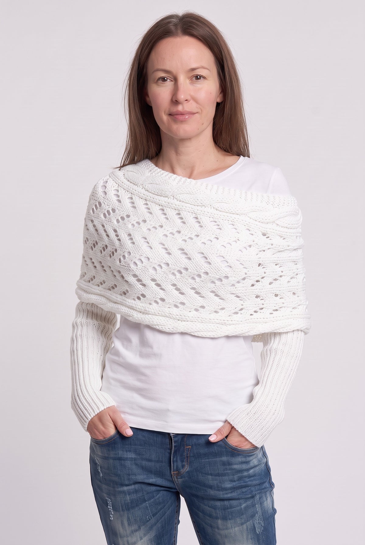 Women's Cardigan | Sleeved Knit Wrap - White