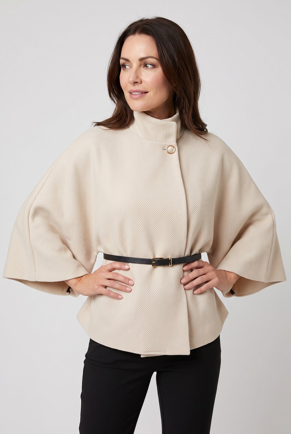 Women's Coat | Belted Cape Funnel-Neck - Apricot