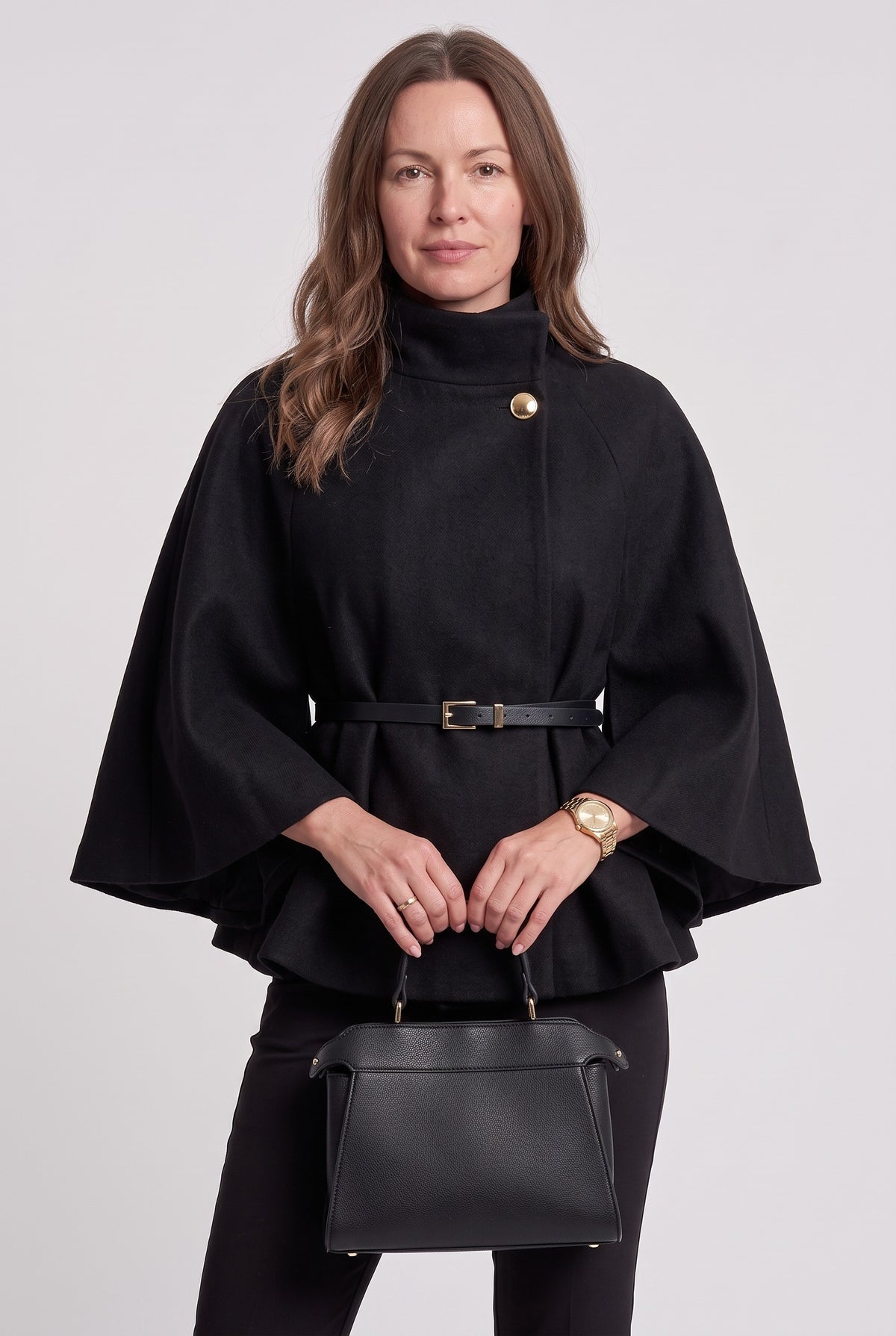 Women's Coat | Belted Cape Funnel-Neck - Black
