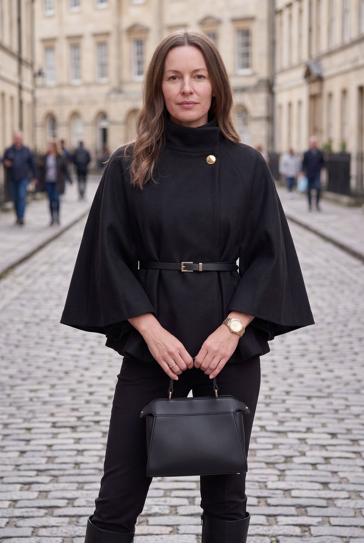 Women's Coat | Belted Cape Funnel-Neck - Black Lifestyle