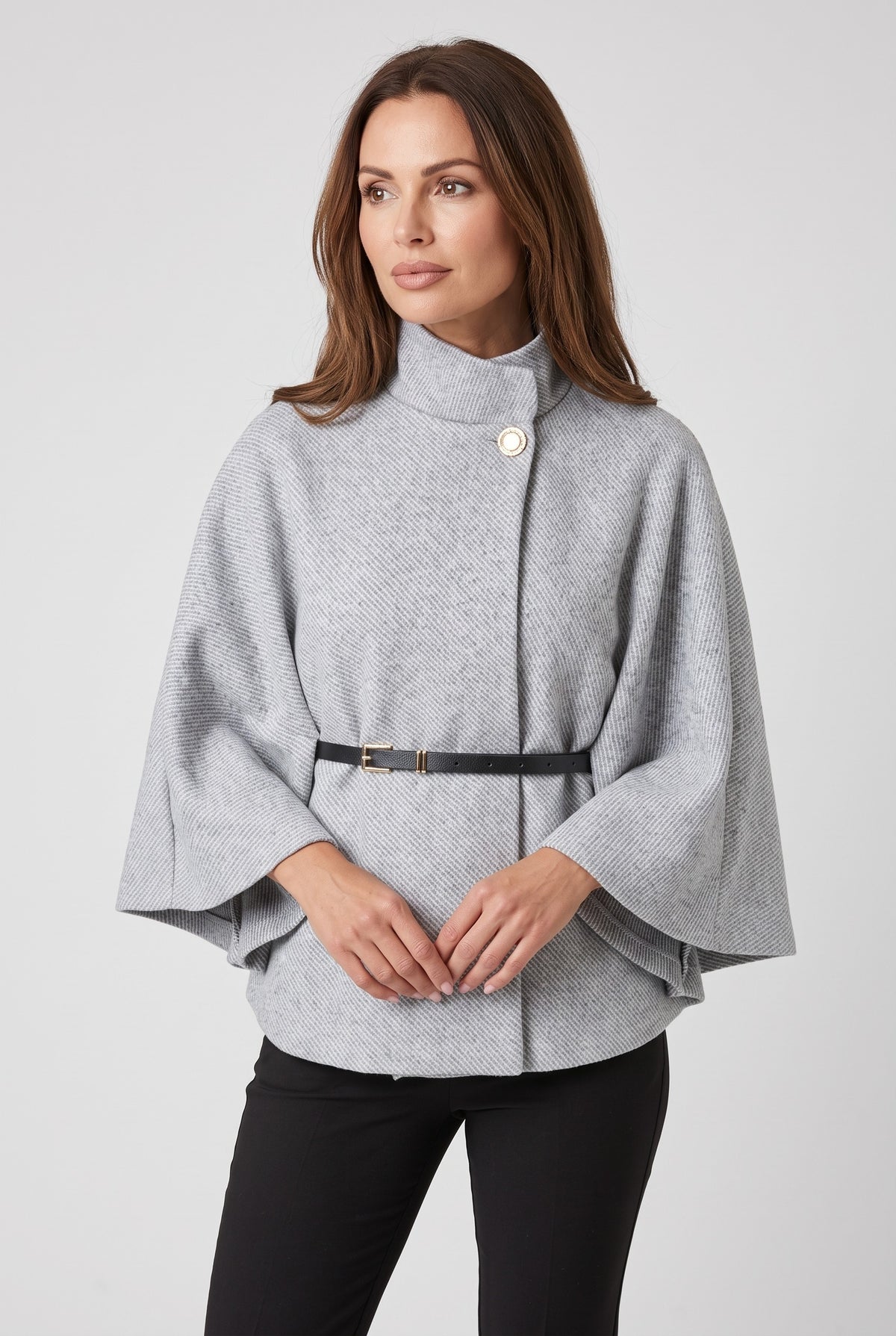 Women's Coat | Belted Cape Funnel-Neck - Grey