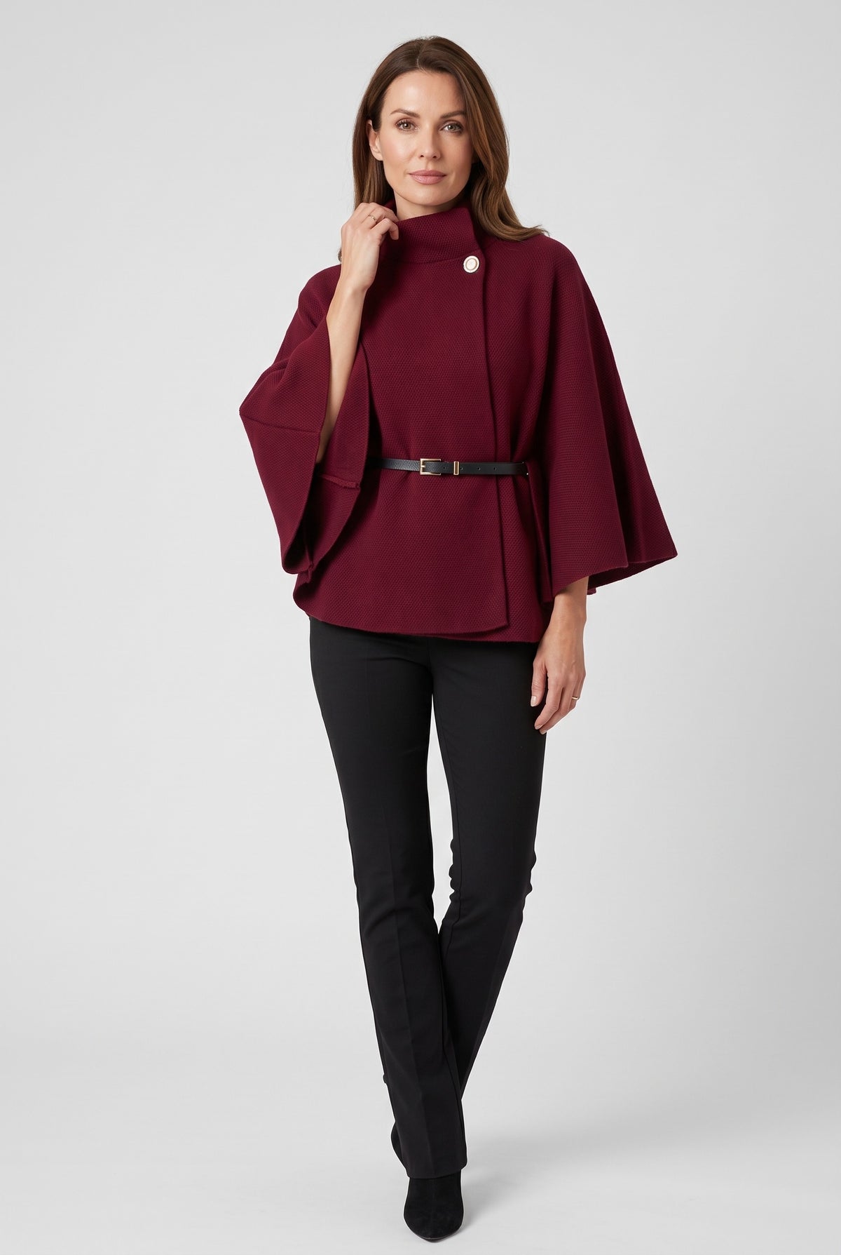 Women's Coat | Belted Cape Funnel-Neck - Wine Red