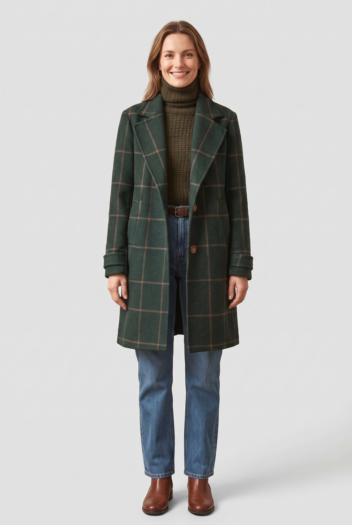 Women's Coat | Checked Notch Lapel - Dark Green