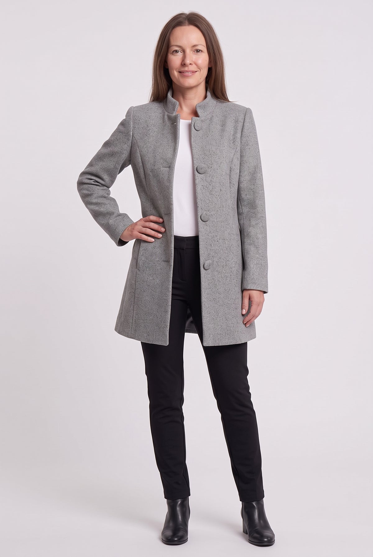Women's Coat | Funnel Neck Longline - Grey
