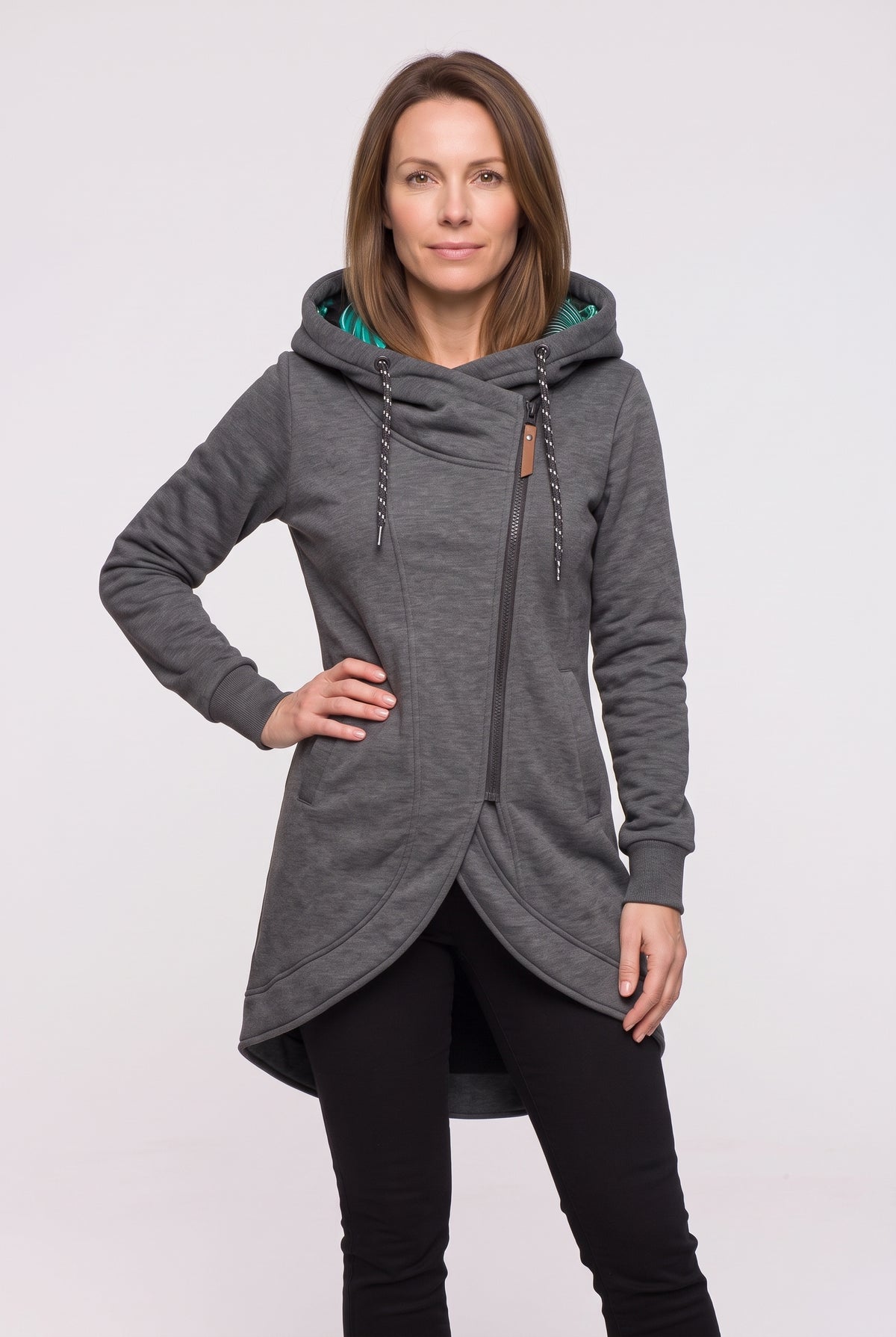 Women's Coat | Hooded Asymmetric Zip - Grey
