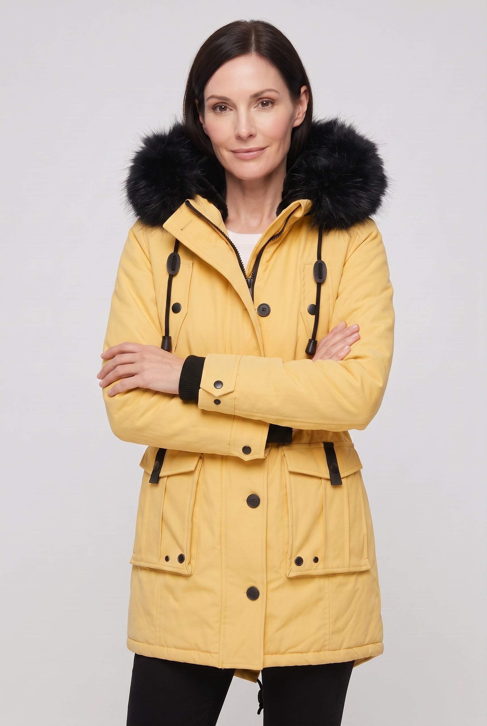 Women's Coat | Hooded Button Front - Light Yellow