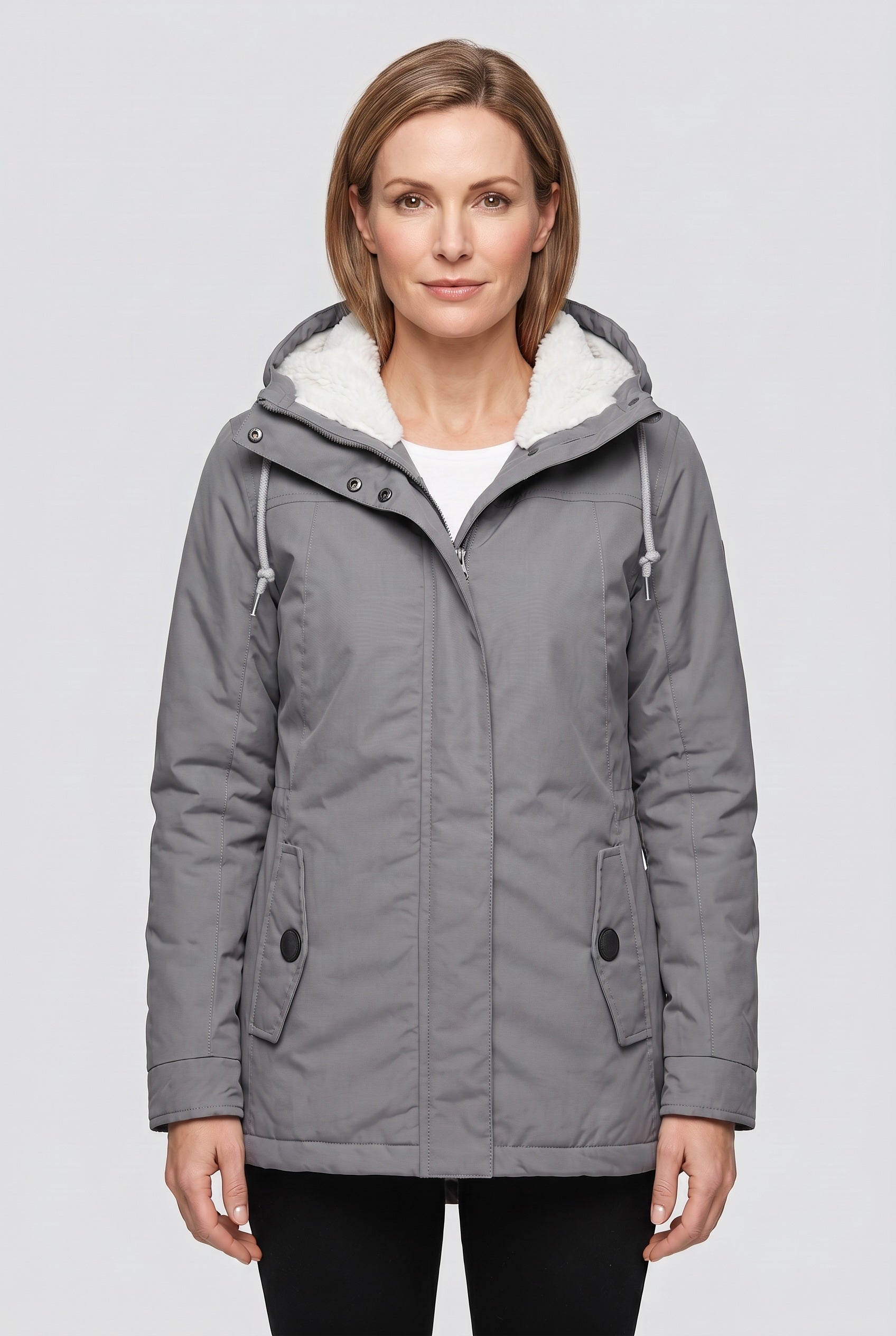 Women's Coat | Hooded Zip Front - Grey