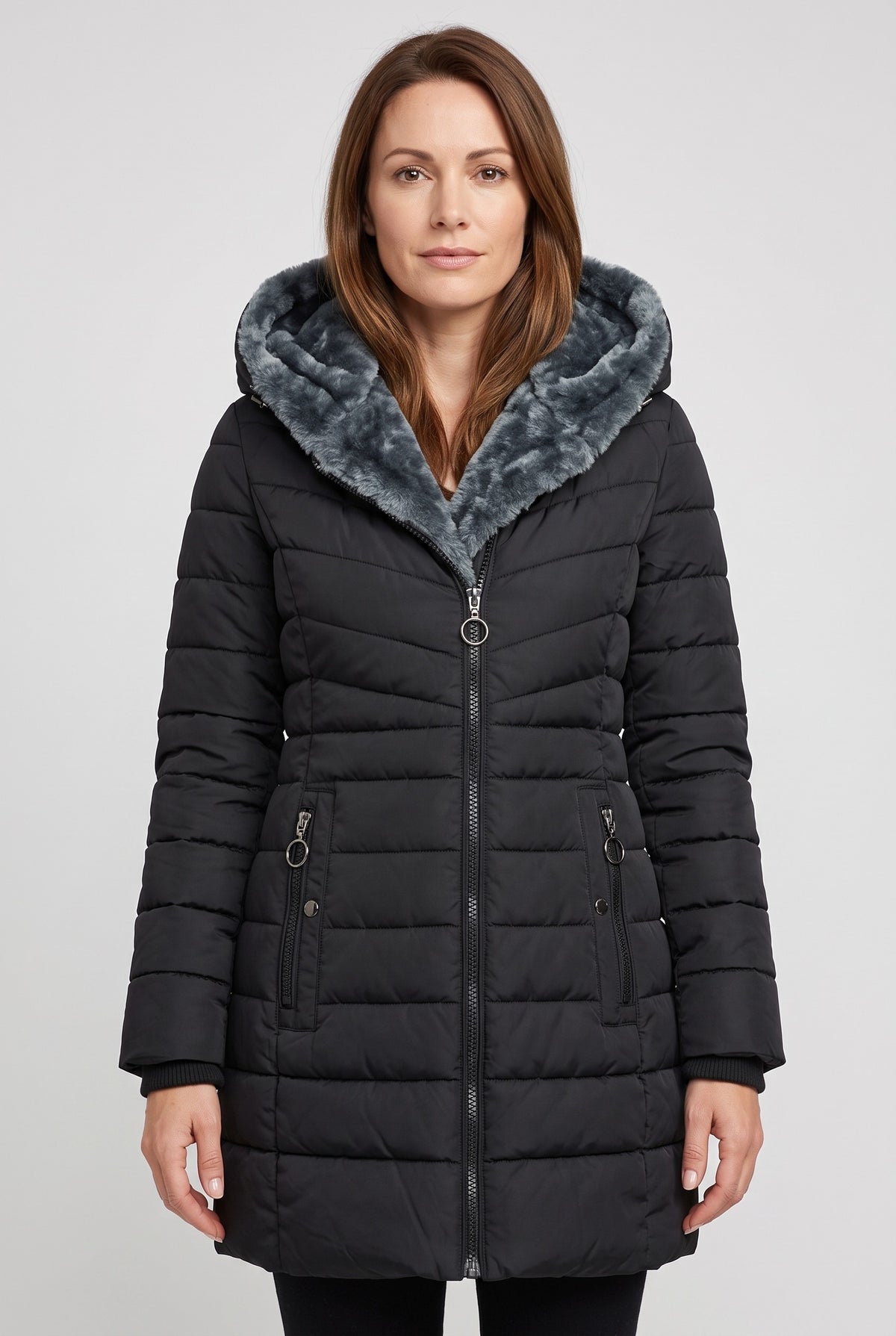 Women's Coat | Padded Faux-Fur Hood - Black