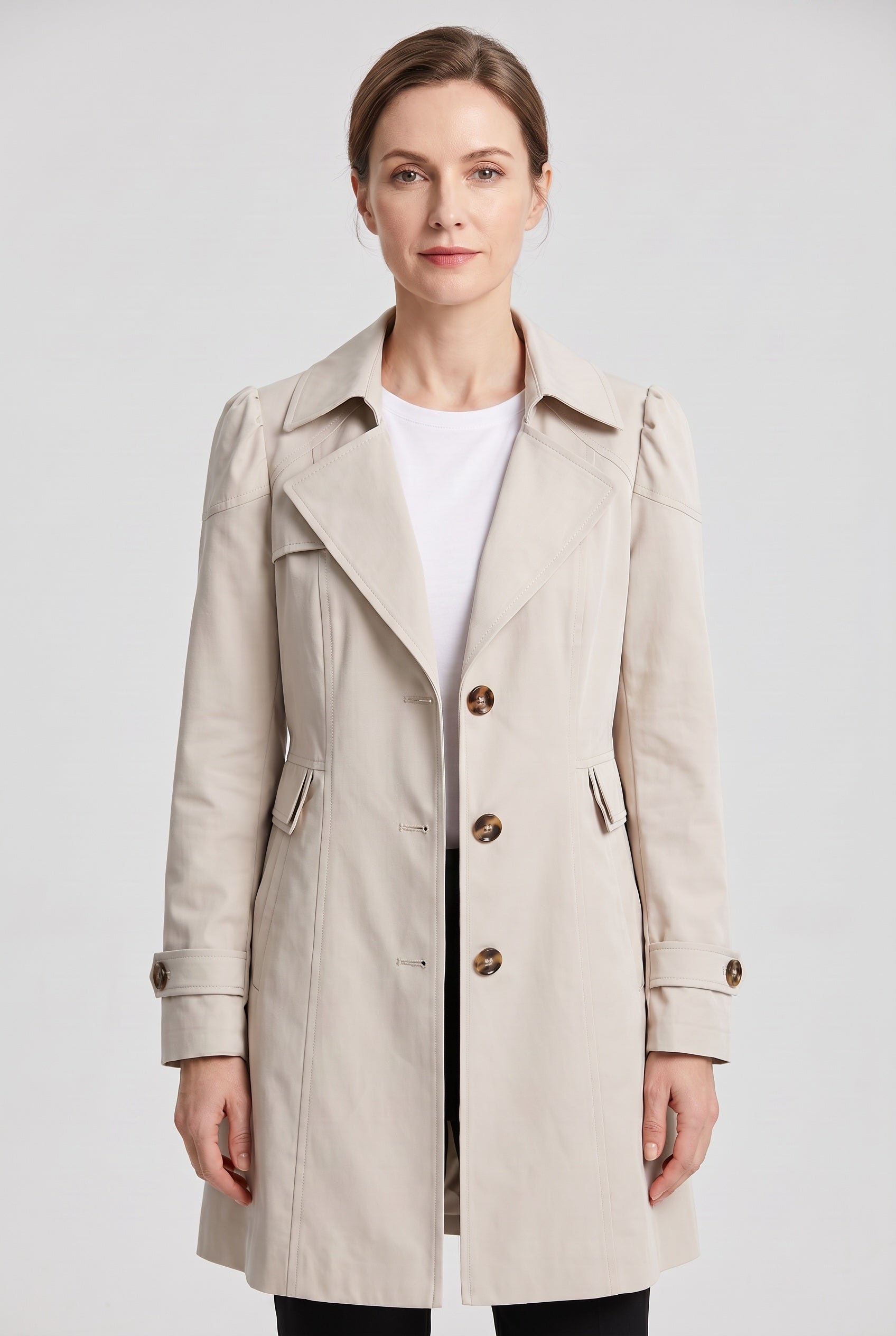 Women's Coat | Trench Style Button Front - Beige