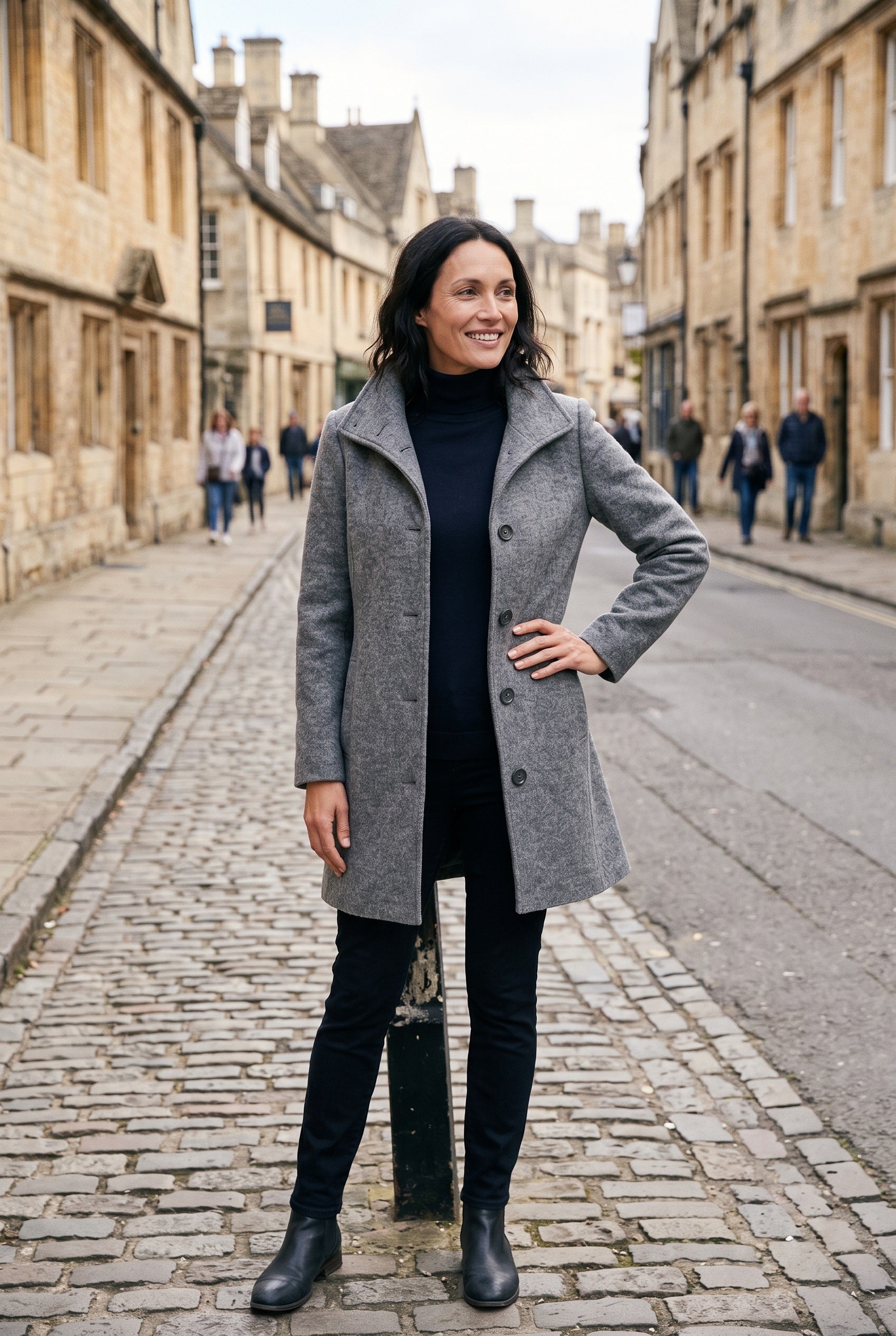 Women's Coat | Mid-Length Button Front - Dark Grey lifestyle