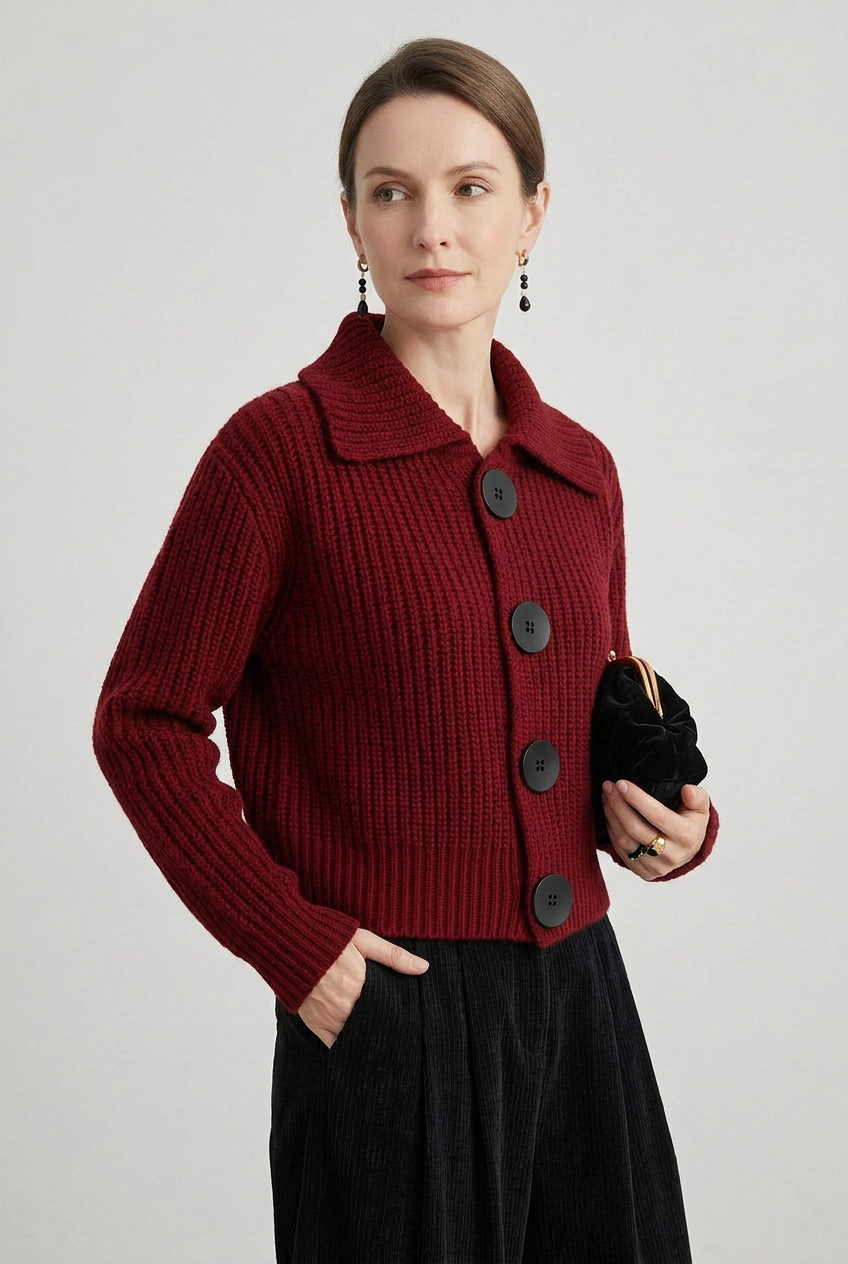 Women's Collared Knit Long Sleeve Cardigan | Ribbed-5