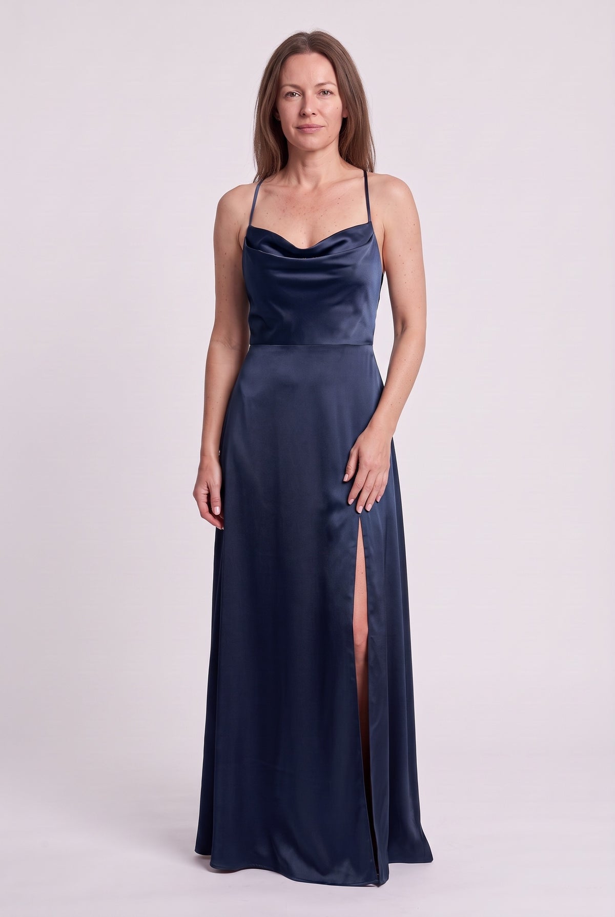 Women's Evening Dress | Satin Cowl-Neck Maxi - Navy