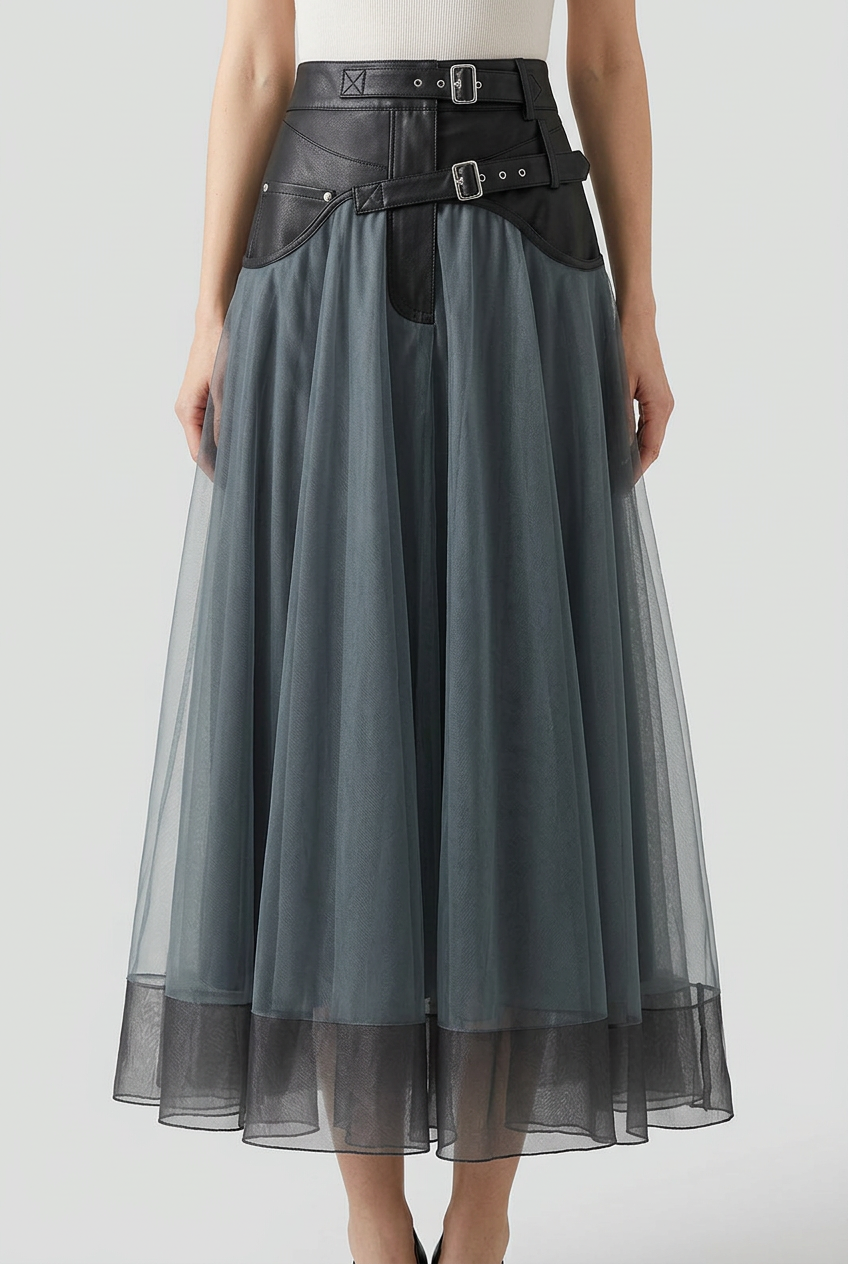 Women's High Waist A Line Layered Tulle Skirt | Belted Waist-1