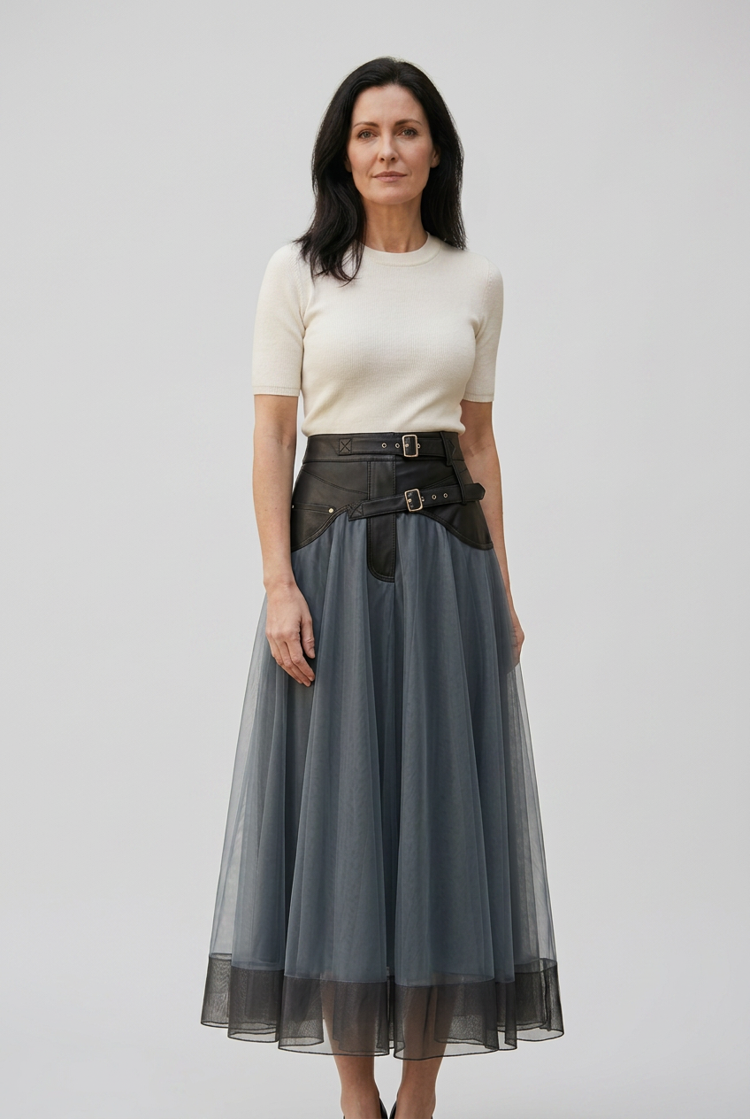 Women's High Waist A Line Layered Tulle Skirt | Belted Waist-2
