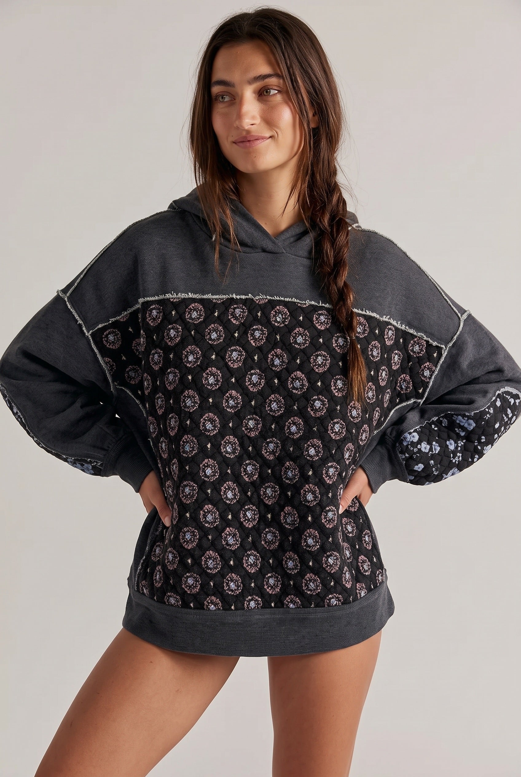 Women's Hoodie | Embroidered Panel Pullover - Black