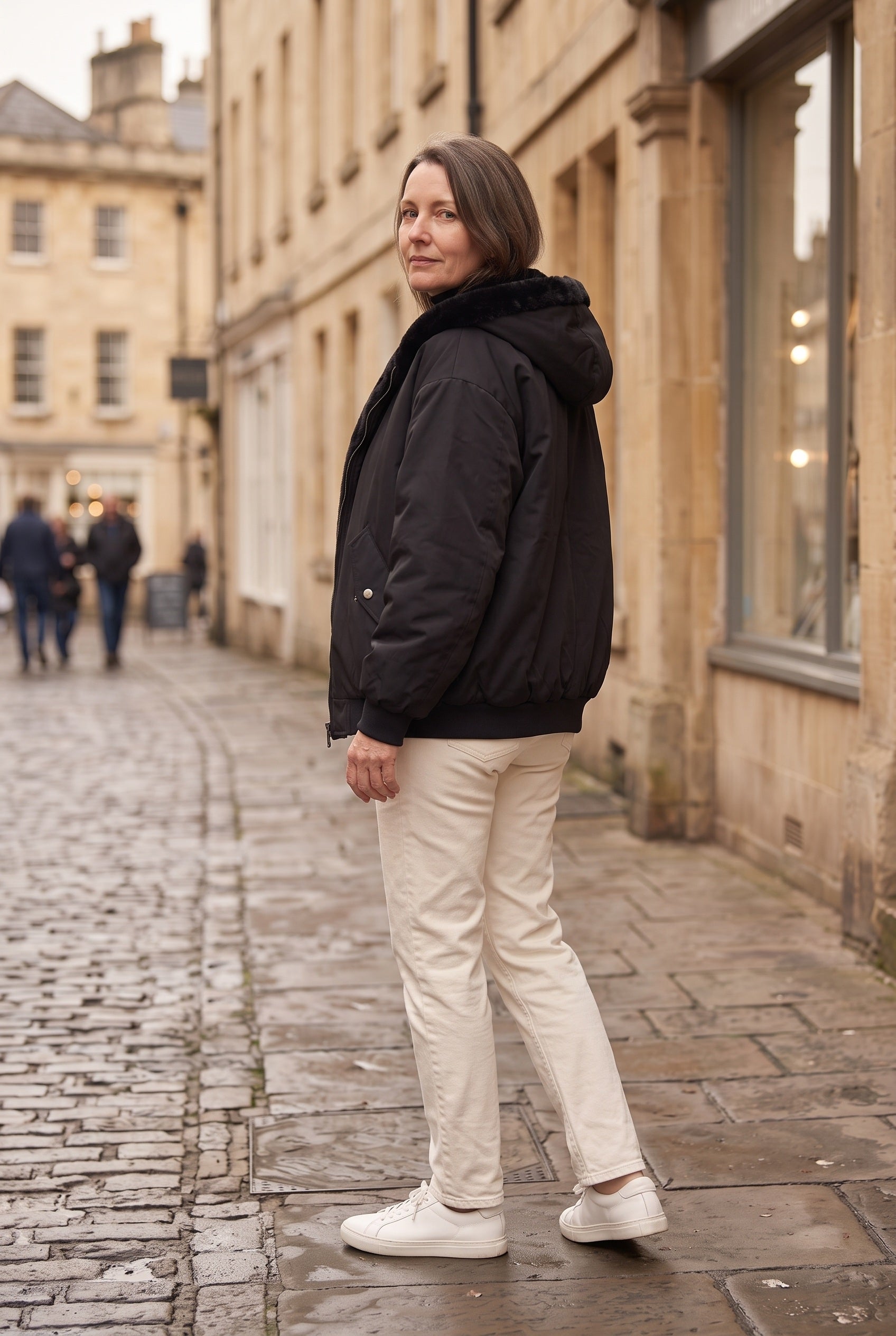 Women's Jacket | Hooded Faux Fur Trim - Black Lifestyle