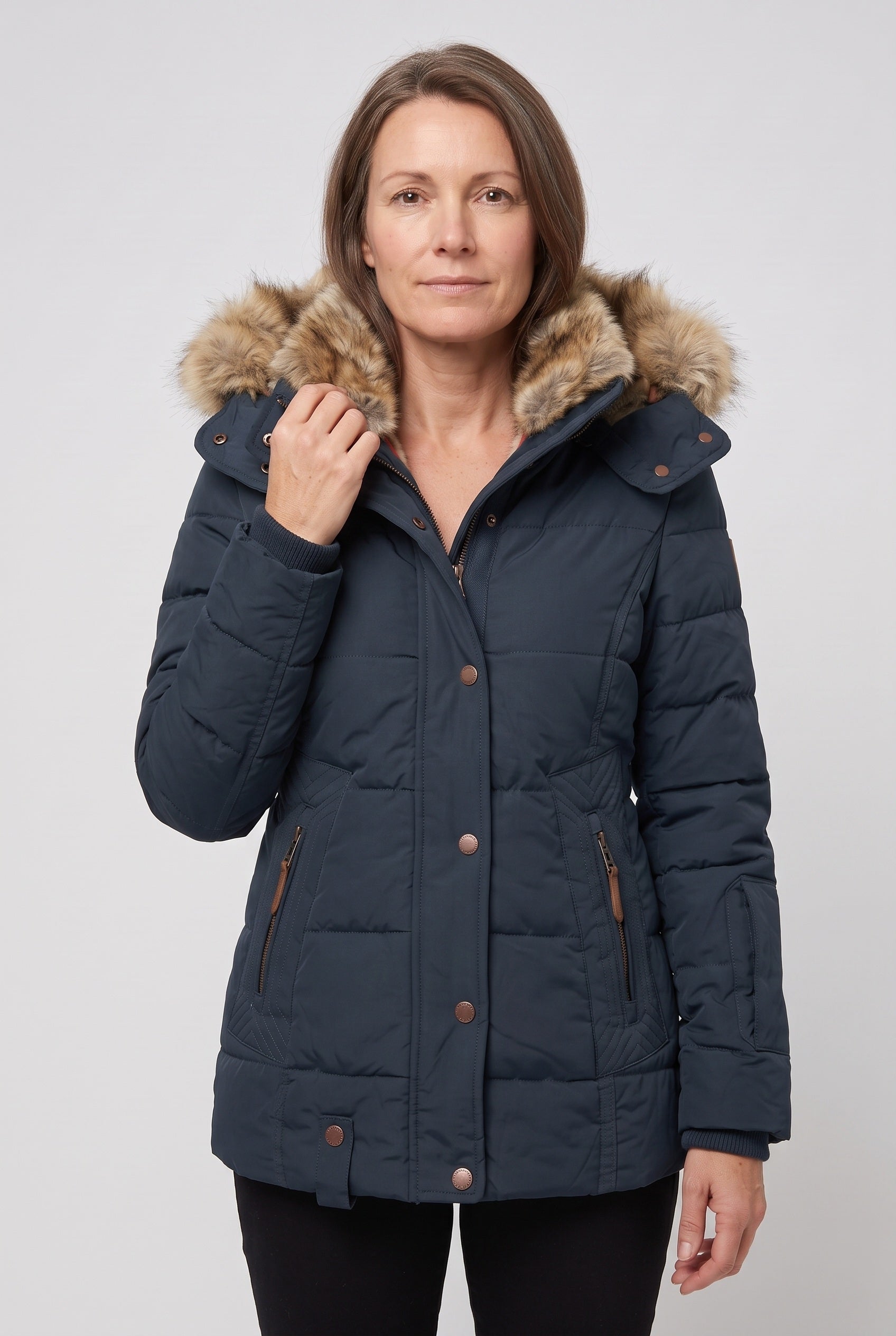 Women's Jacket | Faux Fur Hood Quilted - Navy