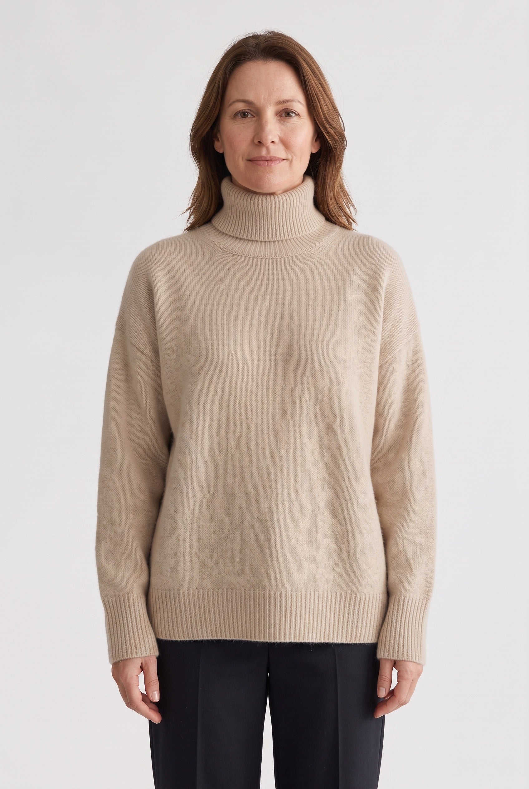 Women's Jumper | Oversized Roll Neck with Ribbed Trims - Beige
